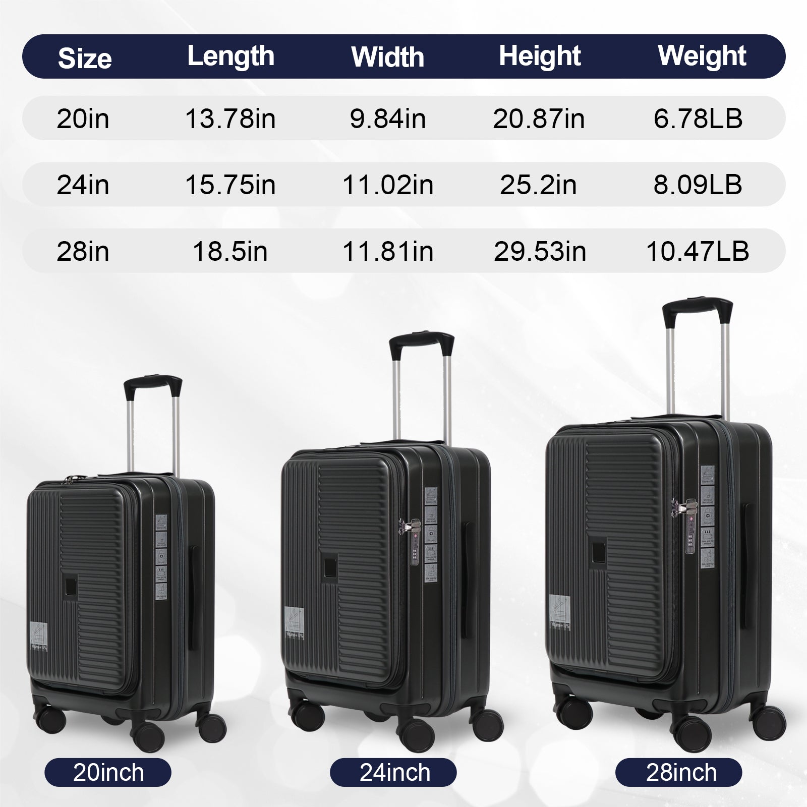 Luggage,With Front Opening,Tsa Approved Lock,Hardshell Suitcase,Black