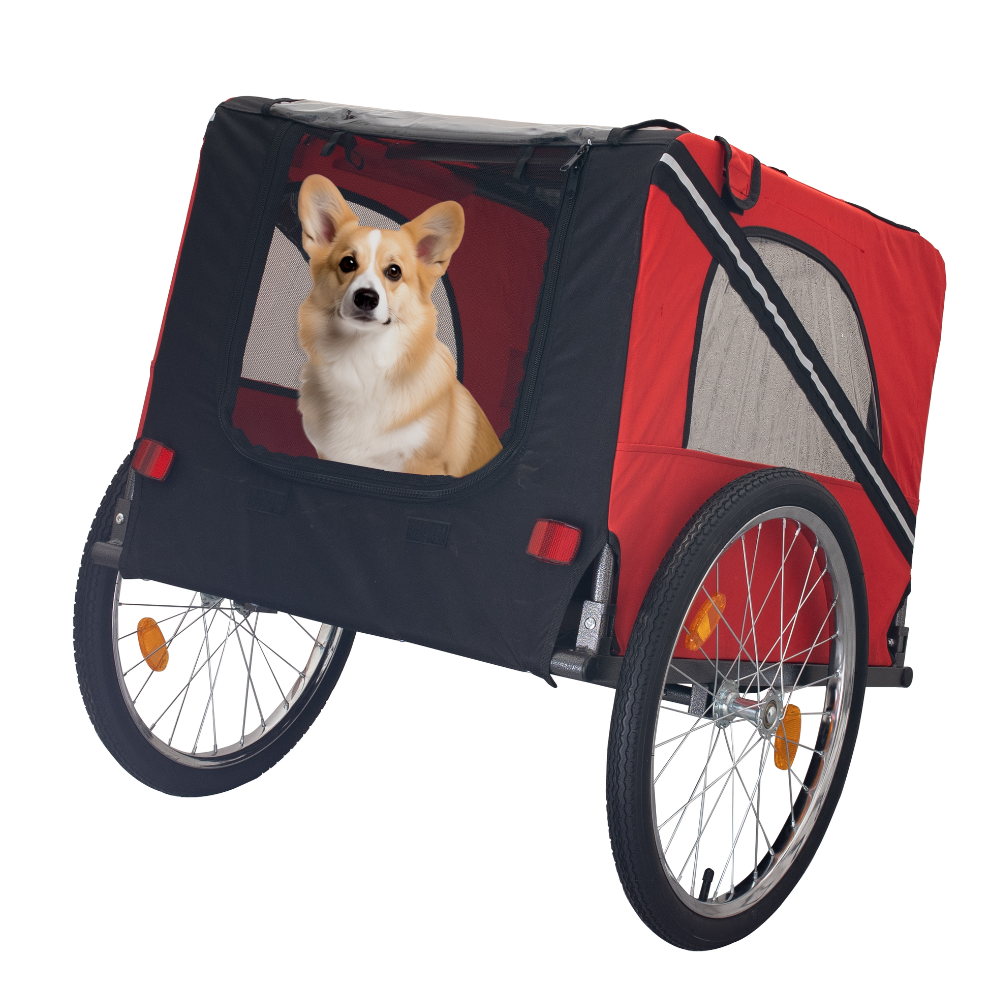 Dog Bike Trailer,Mesh Dog Cart With 3 Entrances, Safety Flag, 8 Reflectors, Folding Pet Carrier Wagon With 20 Inch Wheels, Bicycle Carrier For Medium And Small Sized Dogs Red Black Fabric Steel