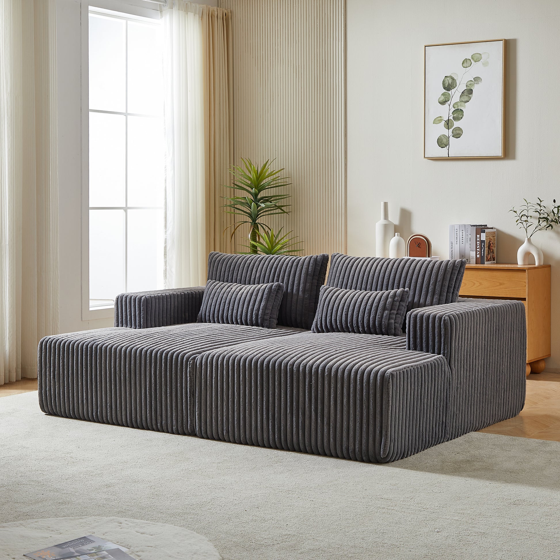 87" Oversized Sectional Lounge Chaise ,No Assembly Required,Cloud Plush Loveseat With Reclining Sofa Bed,Fluffy Modern Sleeper Chair For Indoor Living Room Bedroom Grey Corduroy 2 Seat