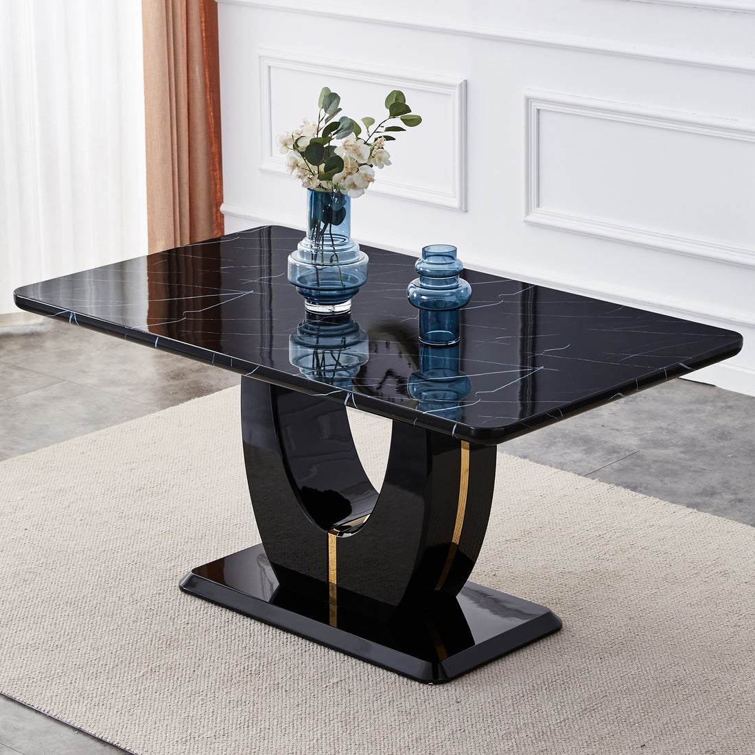 Modern Simple And Luxurious Black Imitation Marble Grain Mdf Dining Table,Rectangular Office Table.Computer Table.Game Desk .Dining Table.For Dining Room, Living Room, Kitchen .63''*37''*30'' F 1280