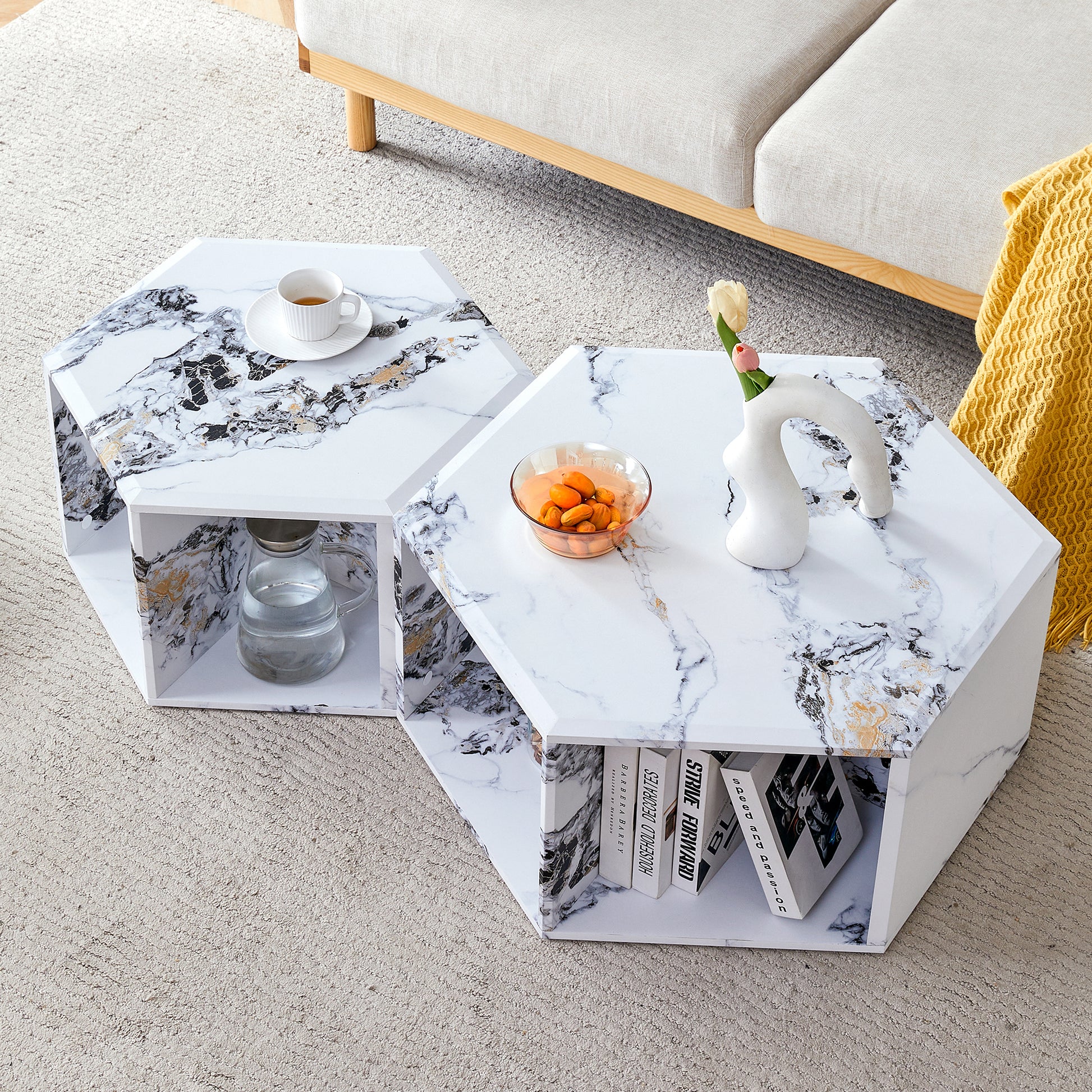 Minimalist White Patterns Hexagonal Coffee Table Set.Hexagonal Mdf Coffee Table, Characteristic Pattern Stickers, Multi Hole Design To Give More Storage Space.Two Coffee Tables Of Different Sizes.