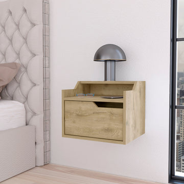 Florence Floating Nightstand With Drawer And Dual Shelf Display Beige 1 Drawer Bedroom Bedside Cabinet Contemporary Storage Melamine Engineered Wood