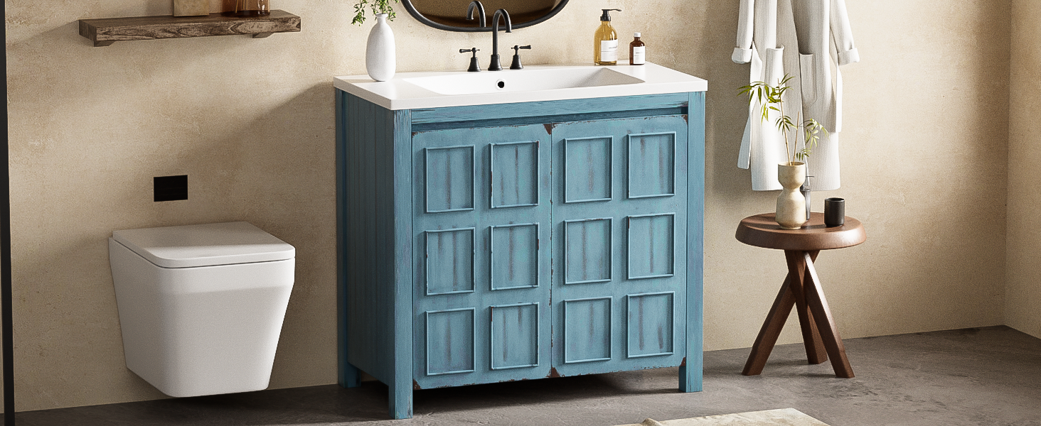 36" Bathroom Vanity Organizer With Sink, Combo Cabinet Set, Bathroom Storage Cabinet, Retro Lue Retro Blue Solid Wood Mdf Resin