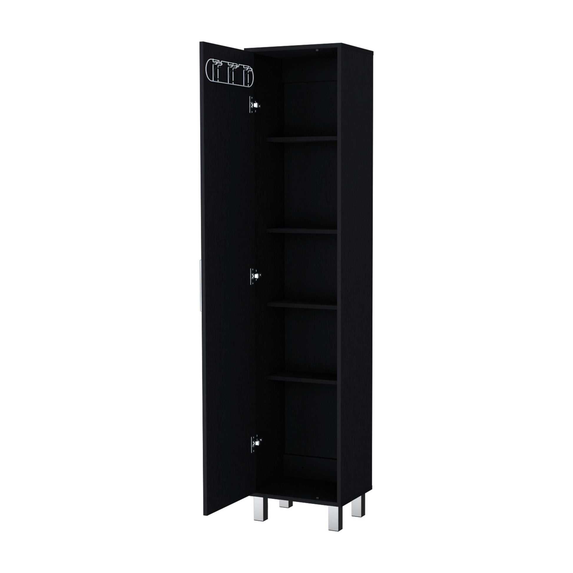 Black 1 Door Cabinet With 3 Broom Hangers Freestanding Black Bathroom Melamine