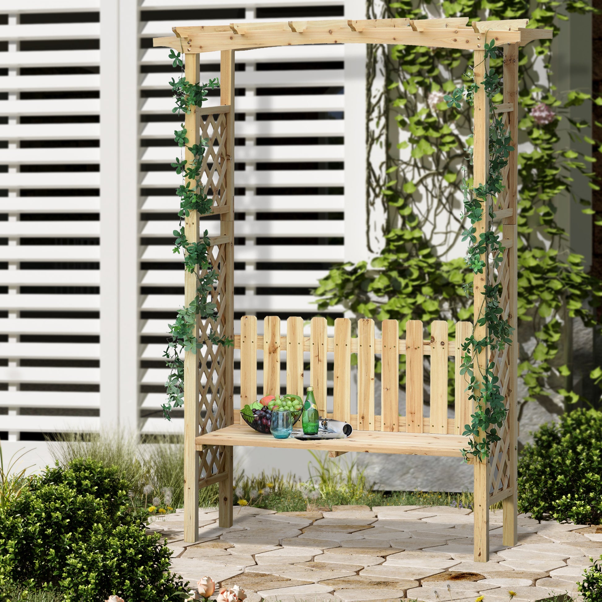 Outsunny Wooden Garden Arbor For Climbing Plants With Garden Bench, Garden Arch To Grow Grapes & Vines, Patio Decor & 2 Person Outdoor Wood Decorative Seating, Natural Natural Wood