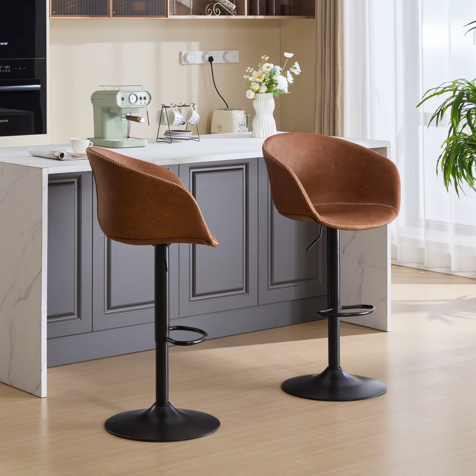 Adjustable Swivel Bar Stools, Mid Century Modern Pu Leather Upholstered Counter Height Bar Stool, Kitchen Island Barstools With Minimalism Style, 1 Chair 1Carton,Brown Brown Pu Mid Century Modern,Minimalist Bar Stools 1 Foam Pu Leather