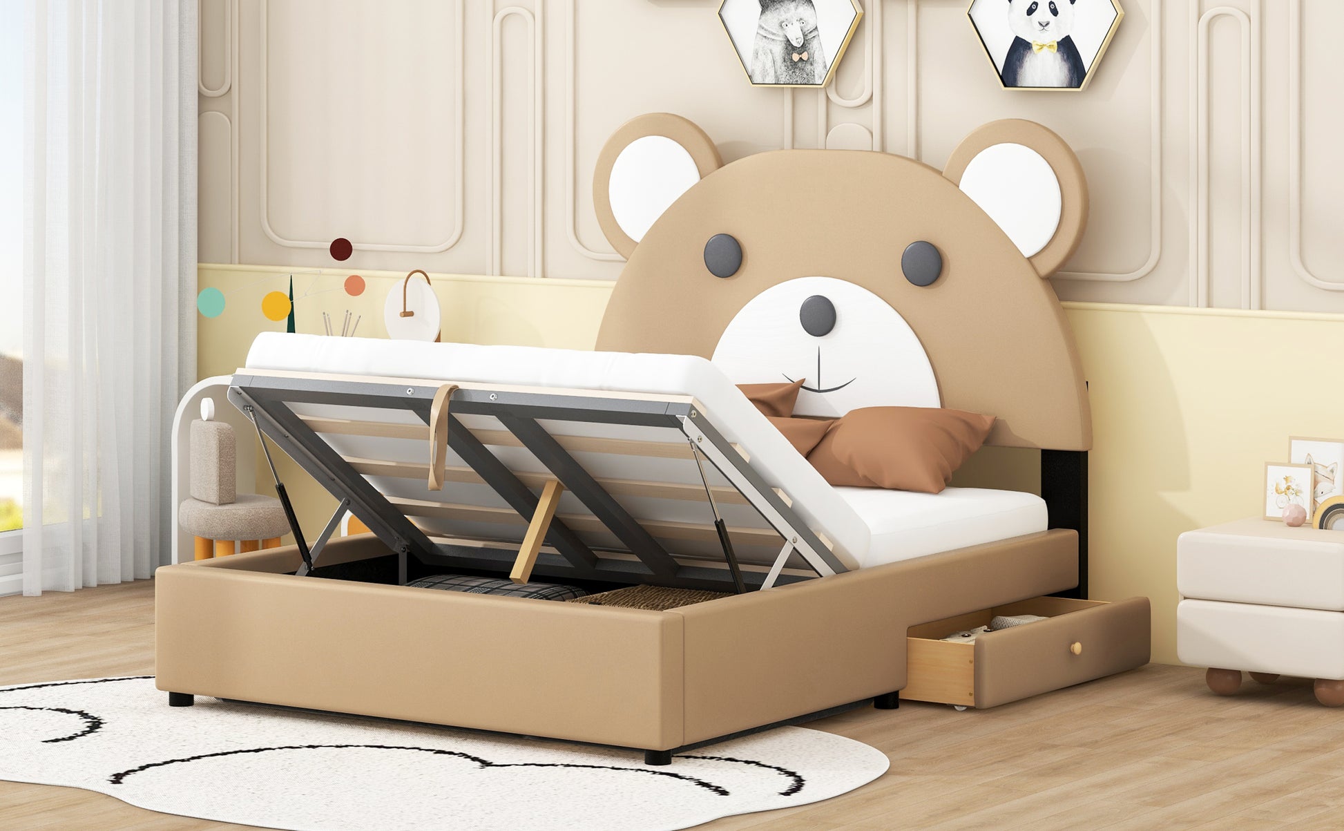 Full Size Upholstery Platform Bed Frame With Cute Bear Shaped Headboard And Two Storage Drawers,Brown Full Brown Solid Wood Mdf