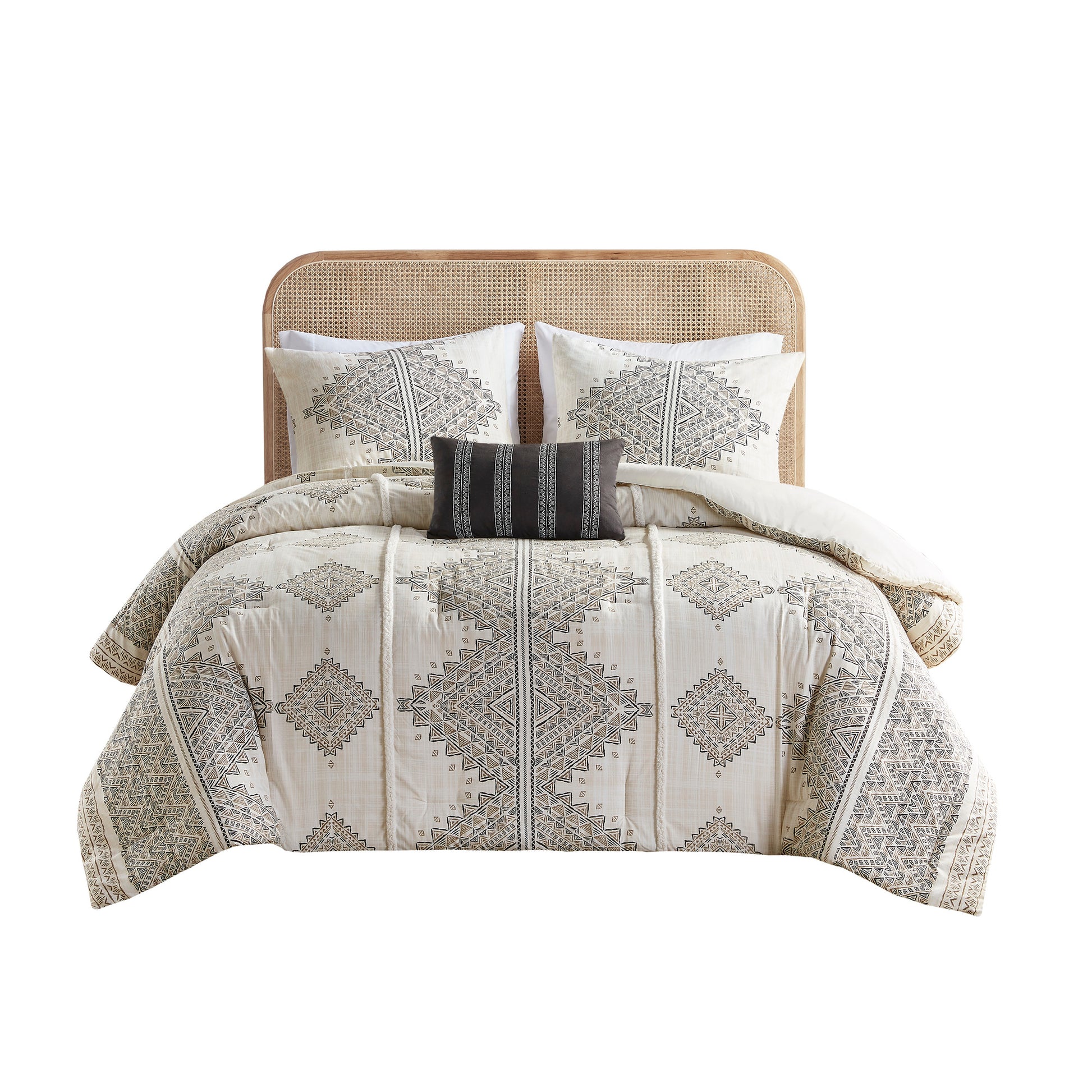 4 Piece Printed Comforter Set With Throw Pillow Black Ivory Full Queen Full Black Ivory Polyester