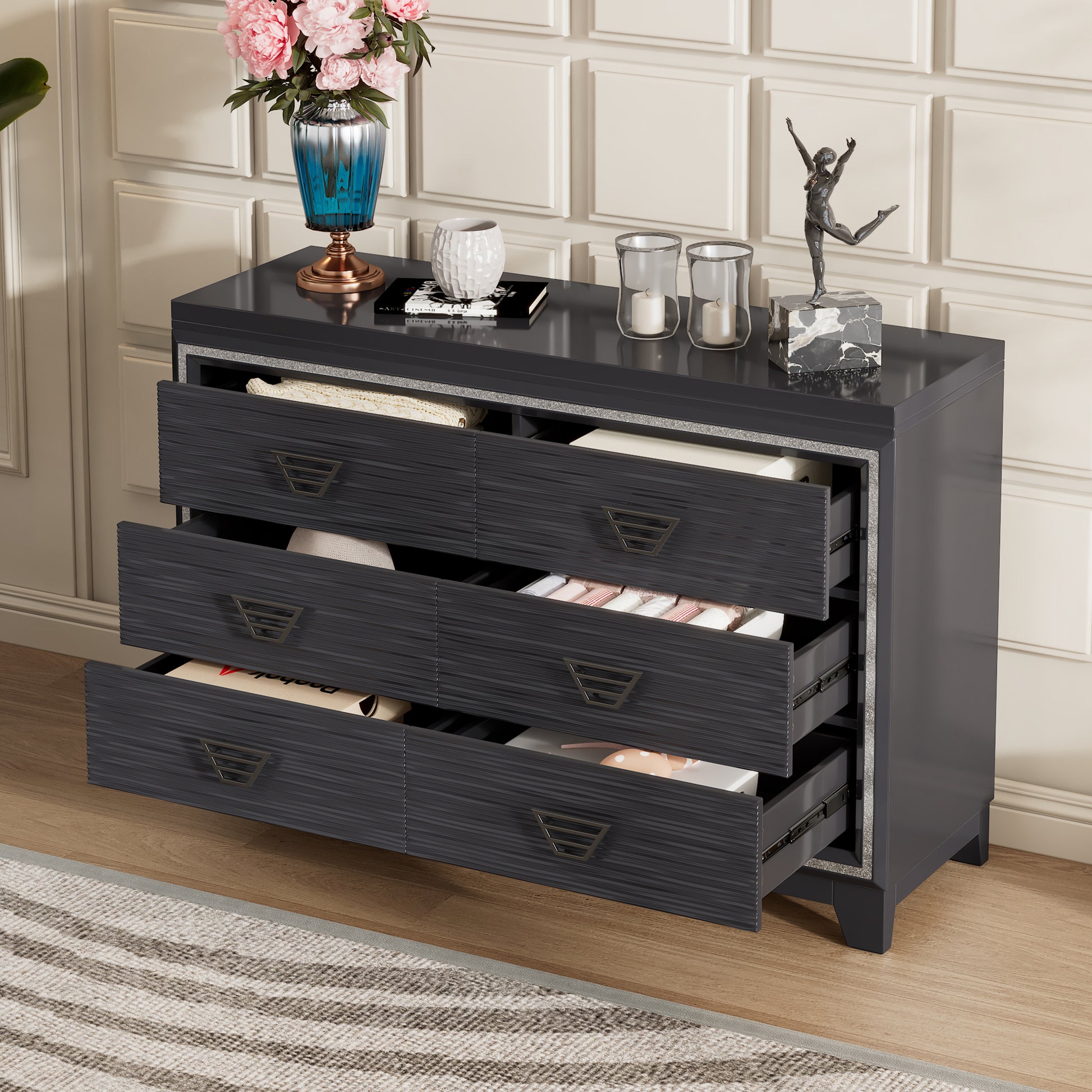 Elegant Dresser With Metal Handle And Sparkling Shiny Decoration, Storage Cabinet With 6 Drawers For Bedroom, Living Room, Black Black Mdf Elegant Dresser With Metal Handle And Sparkling Shiny Decoration, Storage Cabinet With 6 Drawers For Bedroom, Living Room, Black Black Mdf