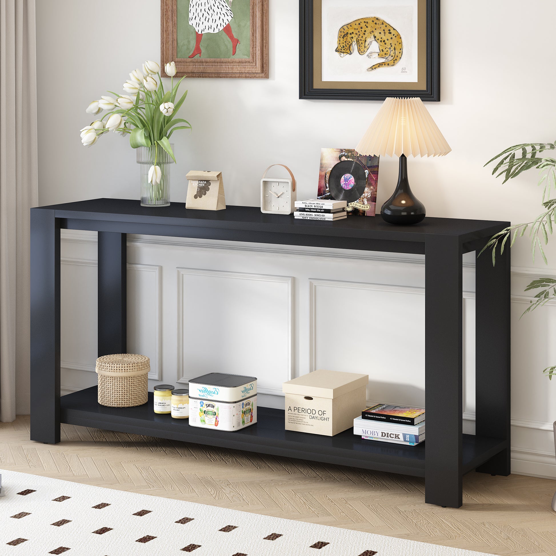 Distinctive Features Of A Minimalist Console Table With Bottom Shelf And Four Legs, Suitable For Entryway, Hallway, Living Room, Foyer, Corridor Black Primary Living Space American Design Shelves Mdf