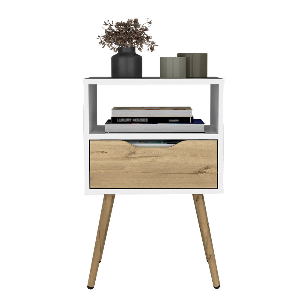 Nightstand 25"H, Superior Top, Four Legs, One Open Shelf, One Drawer, White Light Oak Multicolor Particle Board Particle Board