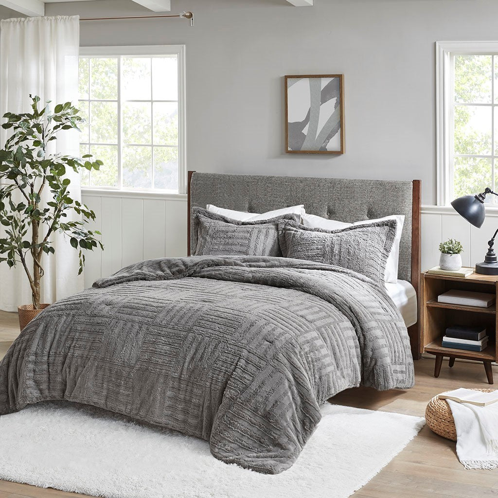 Fur Down Alternative Comforter Mini Set Queen Grey Faux Fur