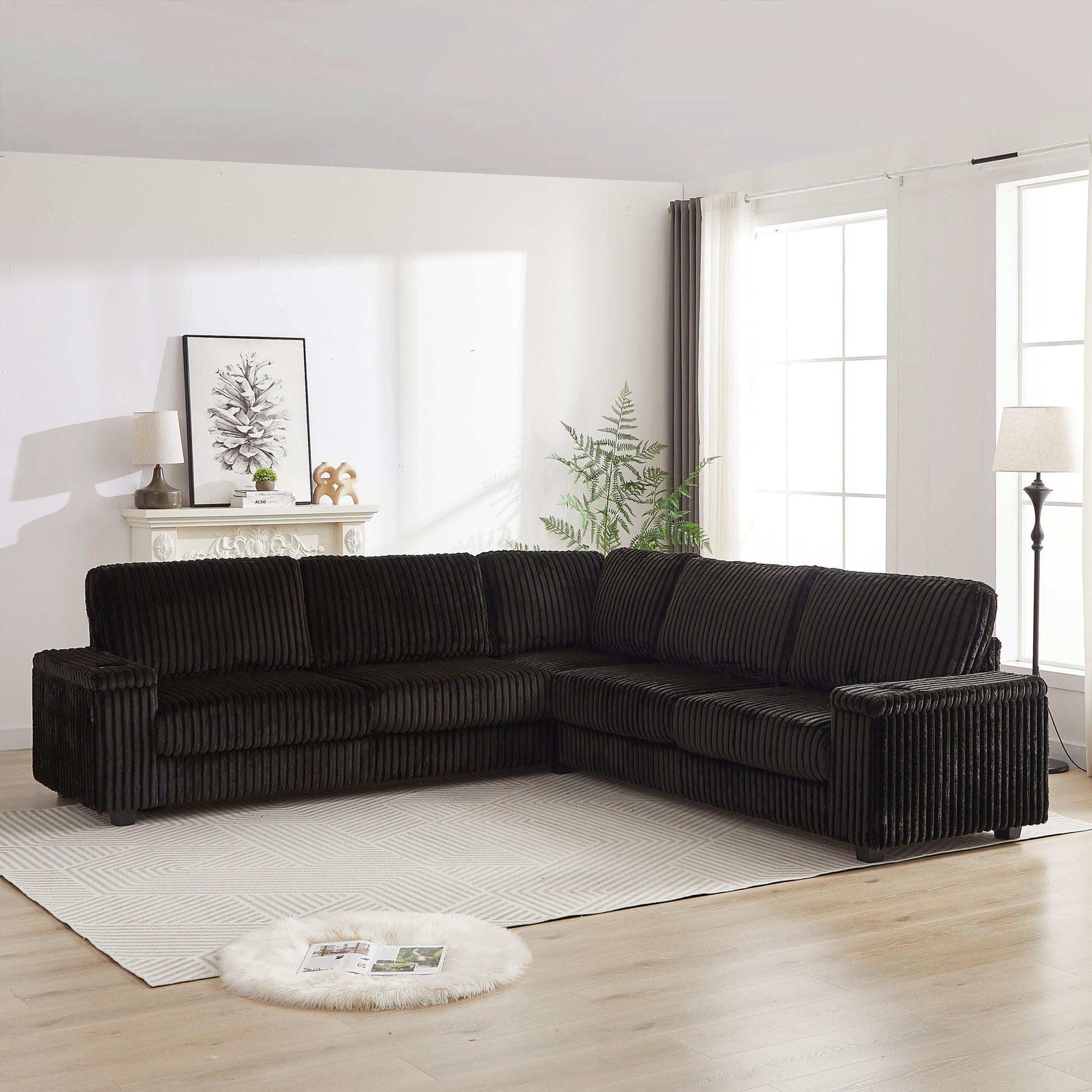 110 Inch Oversized Corduroy Corner Sofa,L Shaped Corner Couch With Two Storage Spaces,Usb Port & T Pyce Port And Cup Holderdeep Seat Comfy Upholstered Couches For Living Room Not Freely Combinable Black Corduroy 5 Seat