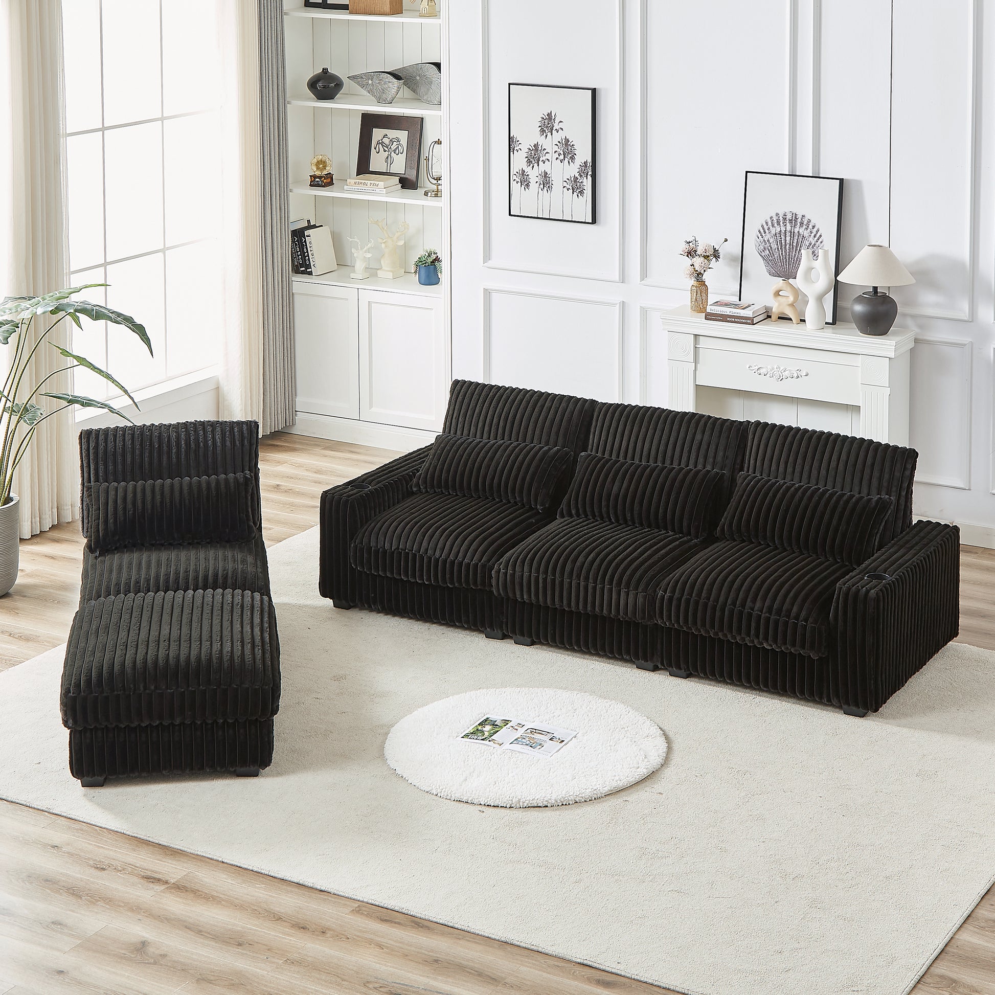 128 Inch Corduroy With Cup Holder Super Large L Shaped Sofa, Movable Footrest, Four Waist Pillows And Four Back Cushion, With Usb Port And T Pyce Port Black Corduroy 4 Seat