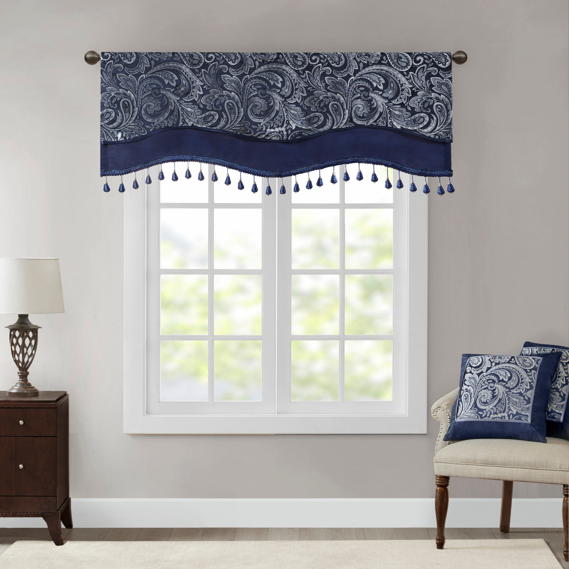 Jacquard Window Rod Pocket Valance With Beads Navy 50X18" Navy Polyester