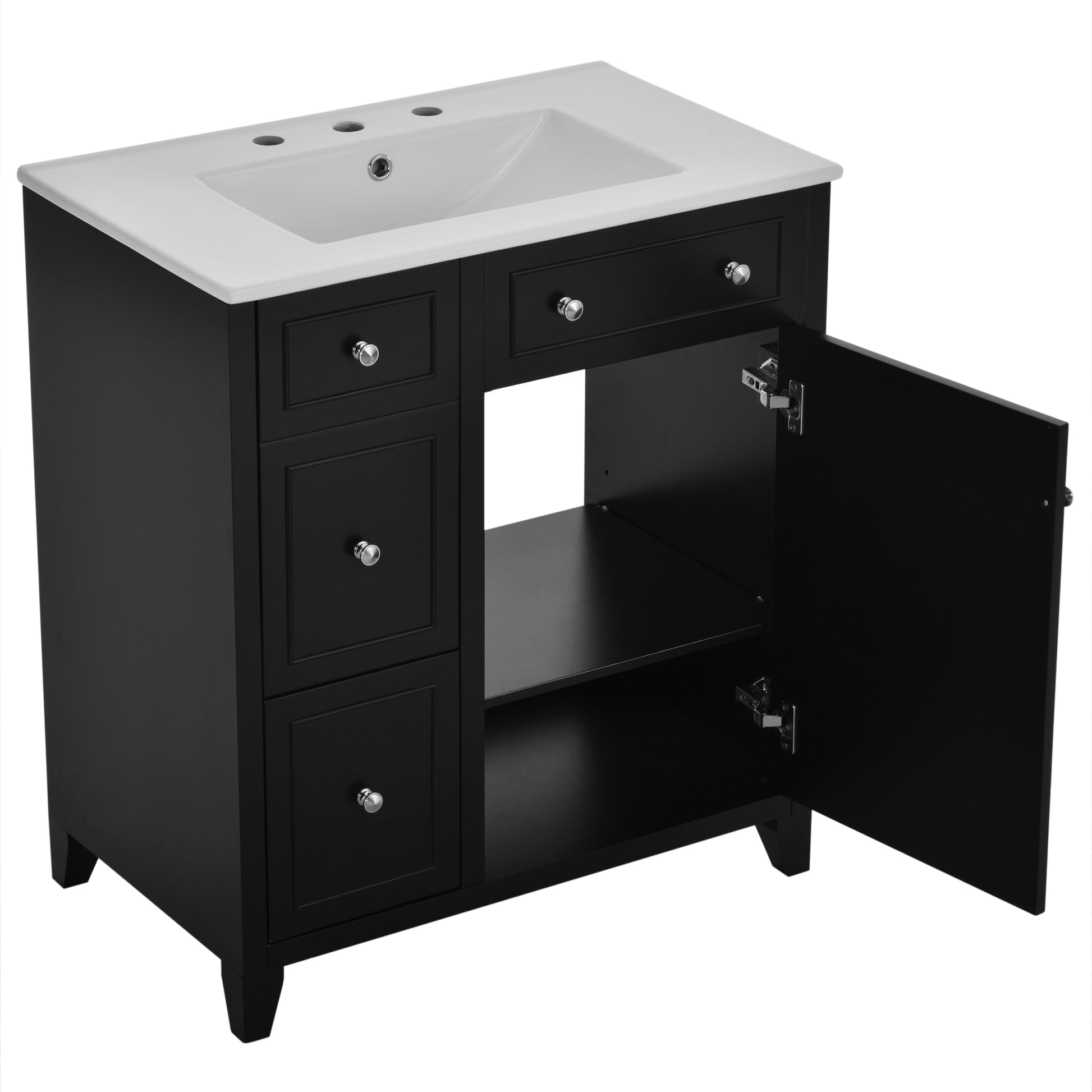 30 Inch Bathroom Vanity Cabinet With Ceramic Basin, Double Layer Drawer, Deep Drawer And Adjustable Shelf Black Bathroom Solid Wood Mdf