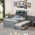 Twin Size Wooden Bed With Storage Headboard With Outlets, Extendable Bed With Twin Size Trundle With Three Storage Drawers,Gray Twin Gray Wood