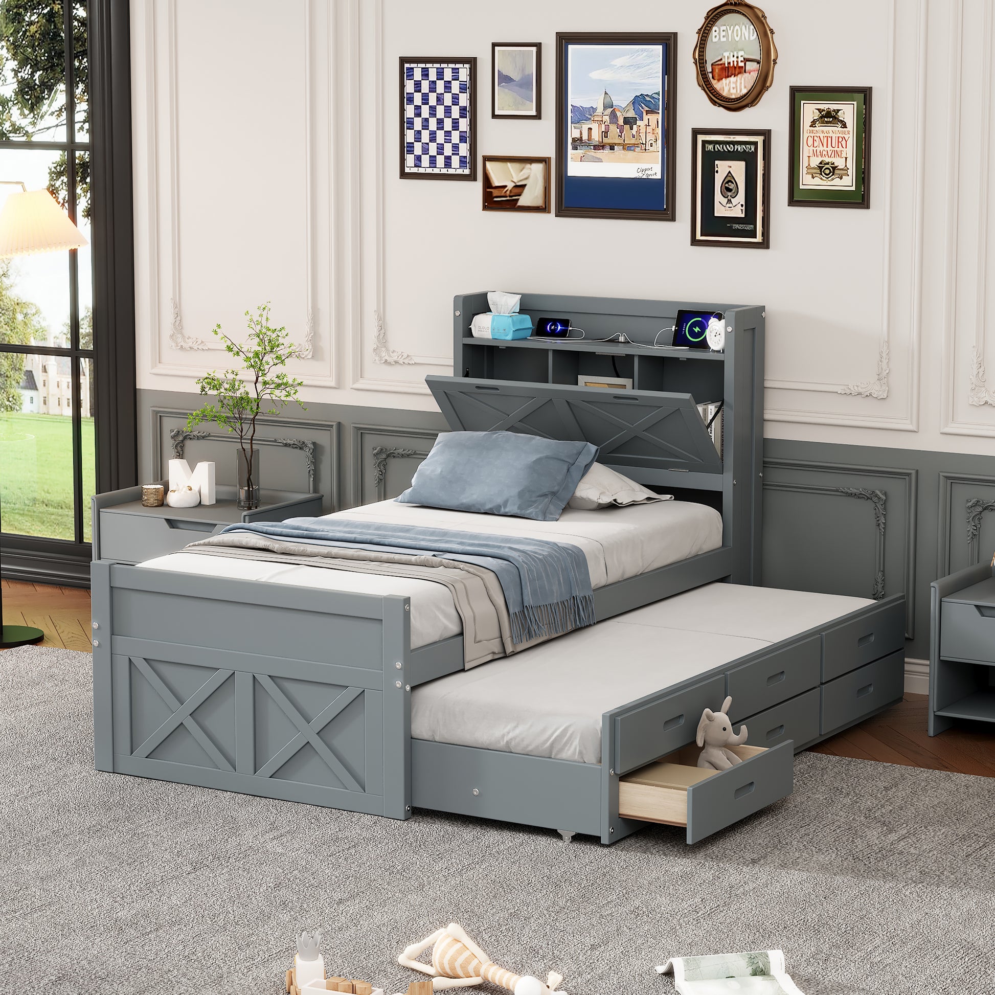 Twin Size Wooden Bed With Storage Headboard With Outlets, Extendable Bed With Twin Size Trundle With Three Storage Drawers,Gray Twin Gray Wood