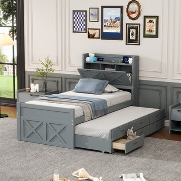 Twin Size Wooden Bed With Storage Headboard With Outlets, Extendable Bed With Twin Size Trundle With Three Storage Drawers,Gray Twin Gray Wood