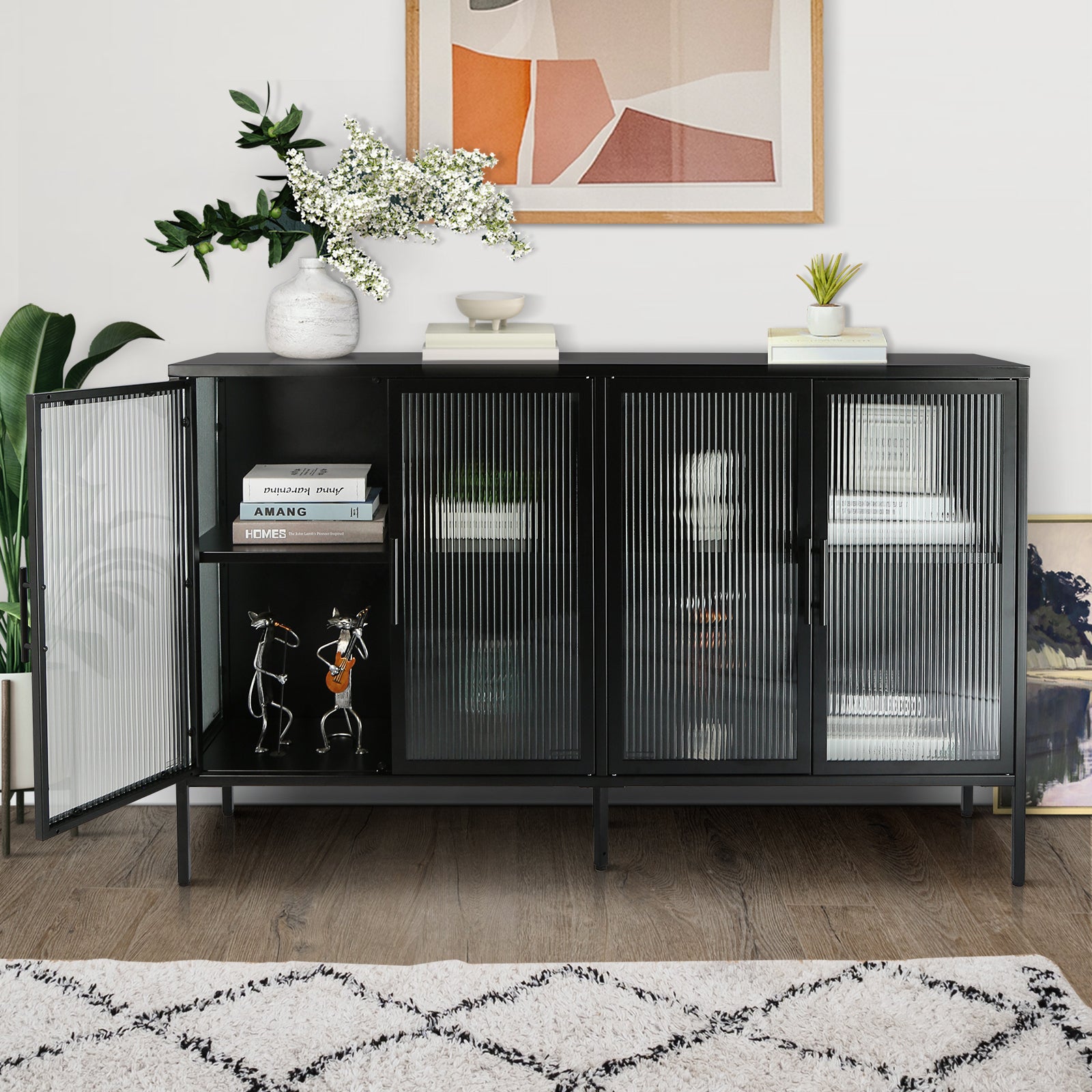 Stylish 4 Door Tempered Glass Cabinet With 4 Glass Doors Adjustable Shelf And Feet Anti Tip Dust Free Fluted Glass Kitchen Credenza Black Black Tempered Glass Sheet Metal Plastic