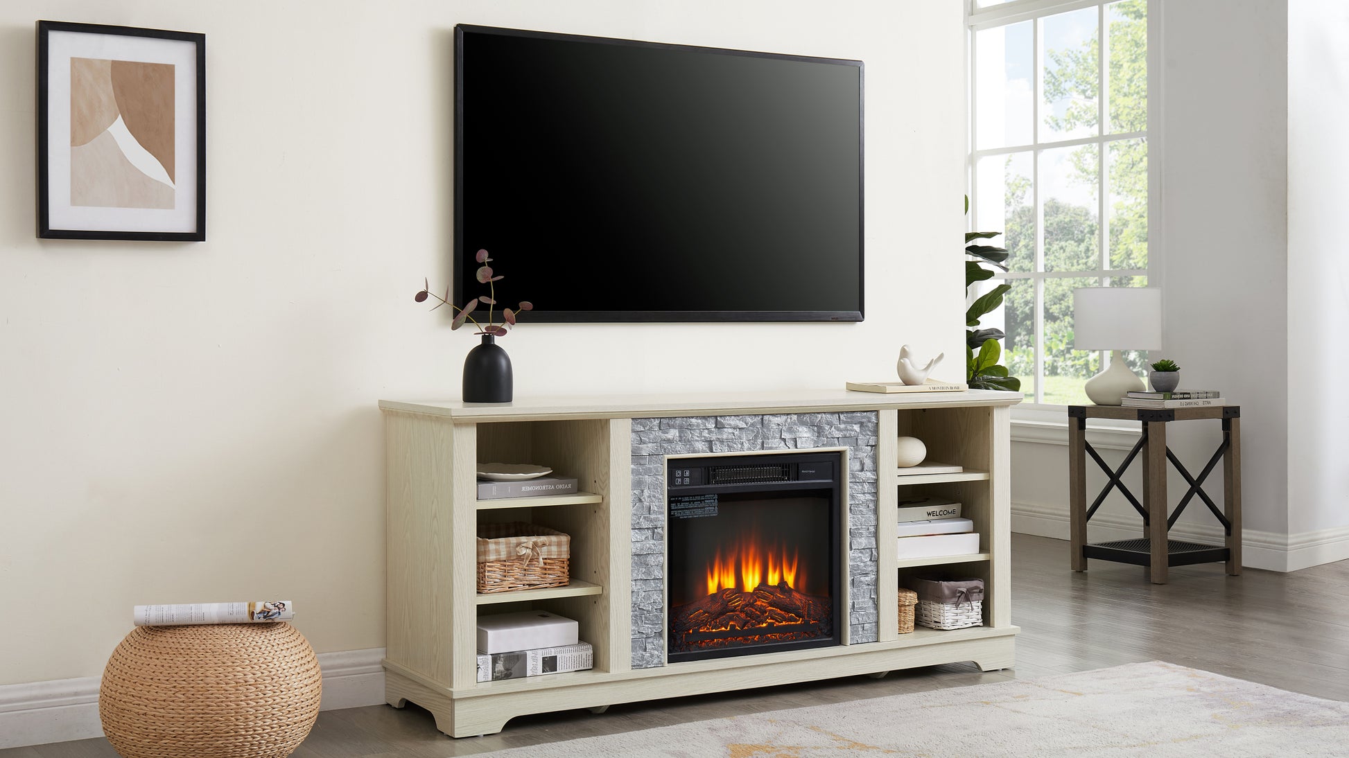 Mantel Electric Fireplace Stone Tv Media Stand, Open Storage Modern Entertainment Console Space With 18" Fireplace Insert, White, 58.31"W*15.39"D*26.06"H White 60 69 Inches Mdf