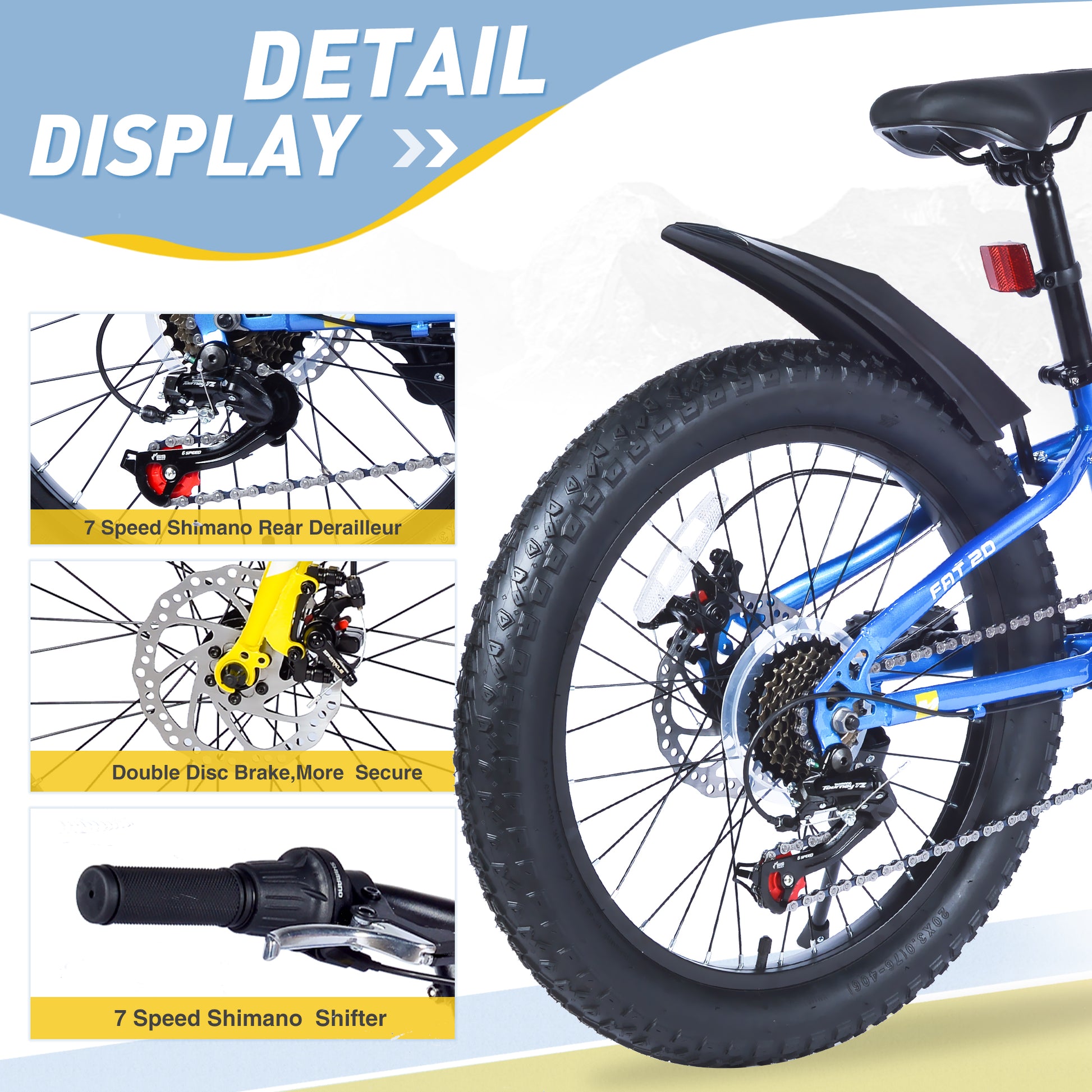 20 Inch Kids Bicyclesfat Tire Mountain Bike For Boys And Girls Age 5 Years ,Dual Disc Brake,Shimano 7 Speed ,Kids Beach And Snow Bicycle Blue Steel