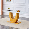 Modern Simple Luxury White Imitation Marble Decorative Glass Dining Table, Golden Legs, Rectangular Desk. A Computer Desk. Games Table, Dining Room, Living Room, Terrace, Kitchen. Gold White Mdf