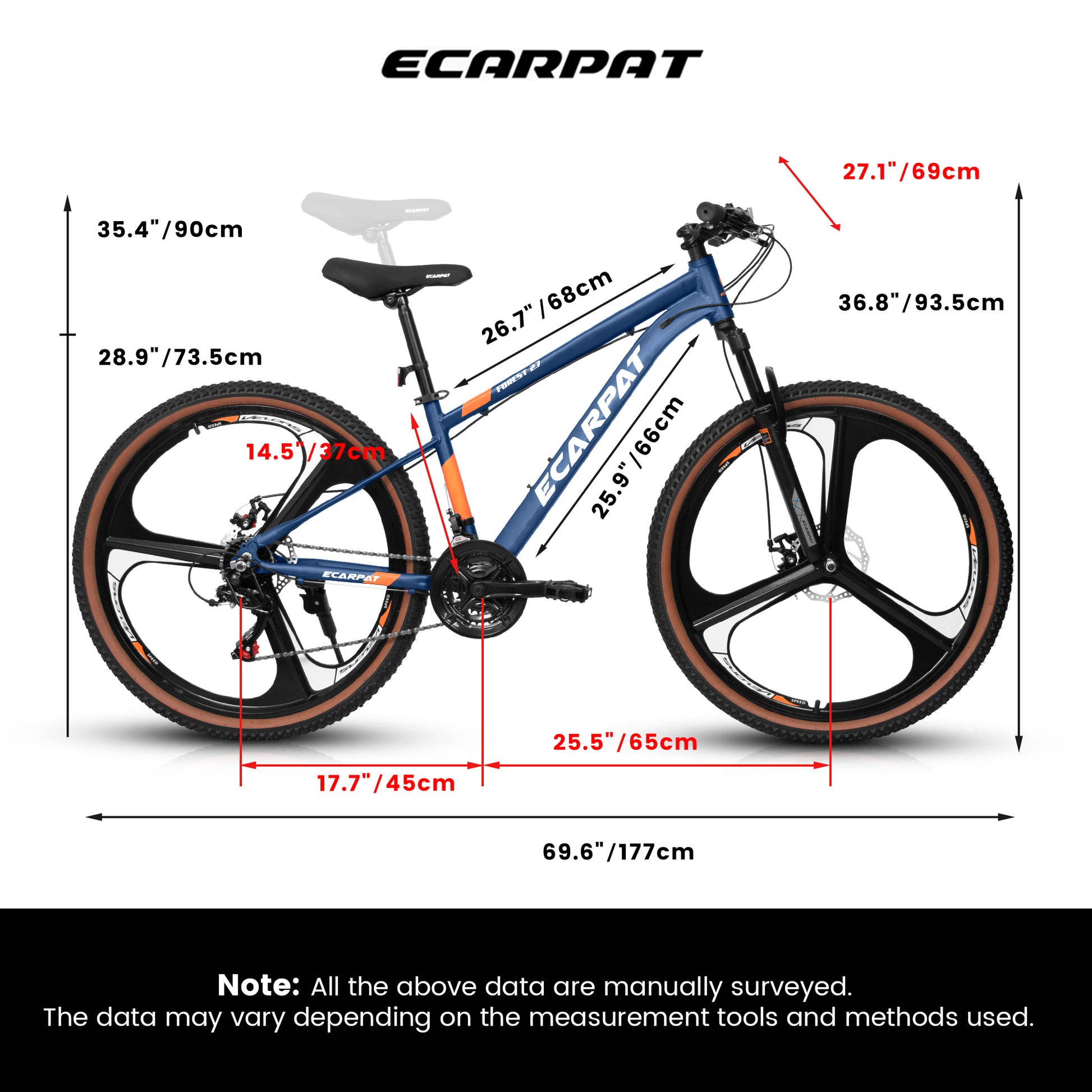 A27302M Ecarpat Mountain Bike 27.5 Inch Wheels, 21 Speed Road Bicycle With Dual Disc Brakes For Men And Women, Aluminum Frame Bicycles, Adult Faster Racing Bike Blue,Orange Aluminium