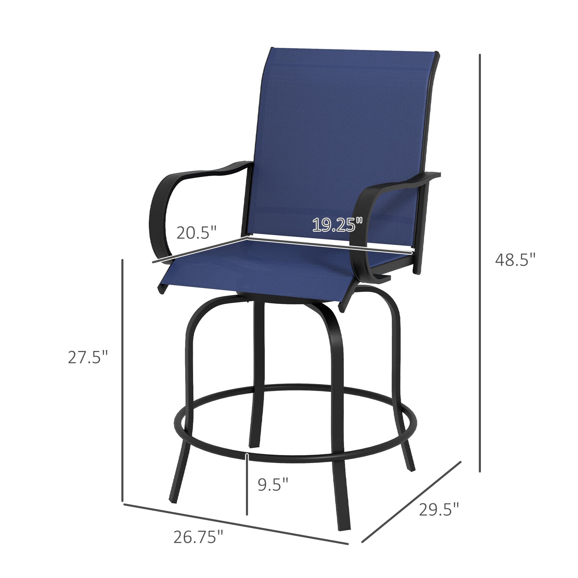 Outsunny Outdoor Bar Stools With Armrests, Set Of 2 360 Swivel Bar Height Patio Chairs With High Density Mesh Fabric, Steel Frame Dining Chairs For Balcony, Poolside, Backyard, Navy Blue Blue Steel