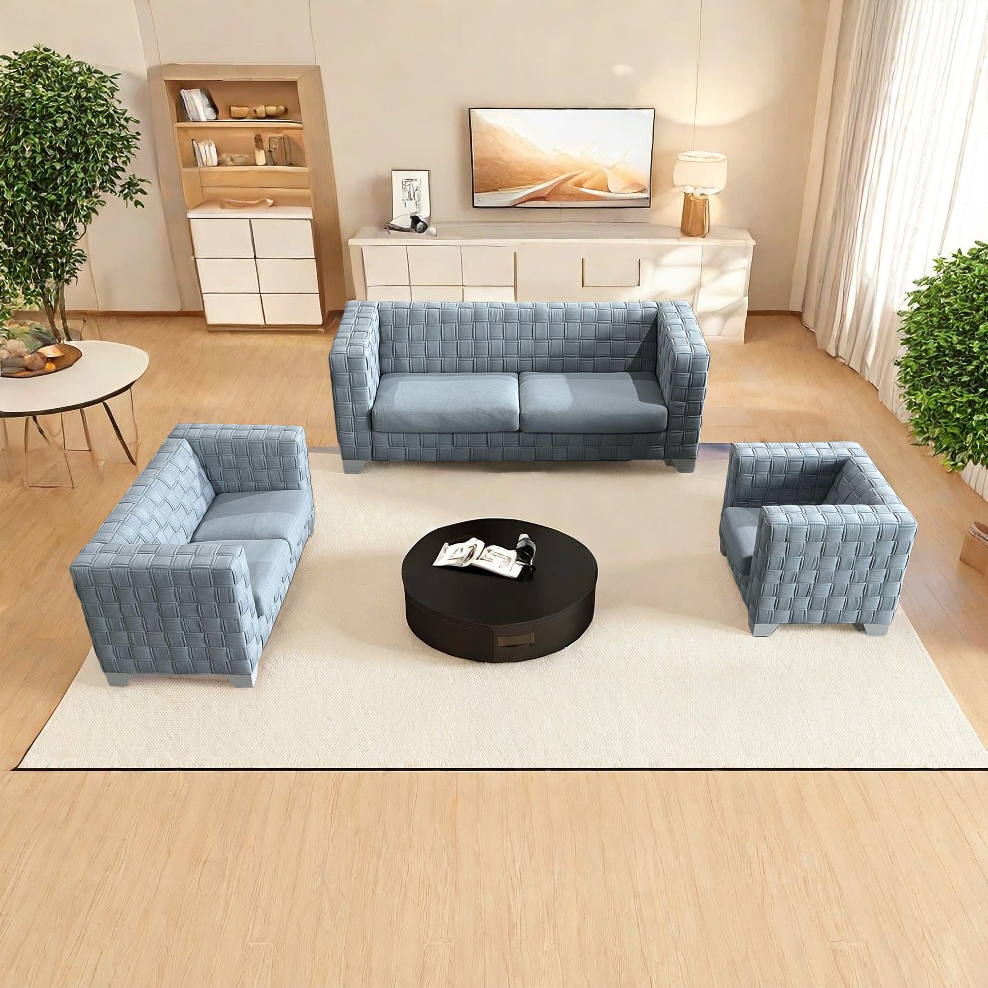 Fx D1 Sofa Set Include Chair Loveseat And Sofa Light Blue Colorlinen & White Color Sofa Legs Light Blue Fabric 6 Seat