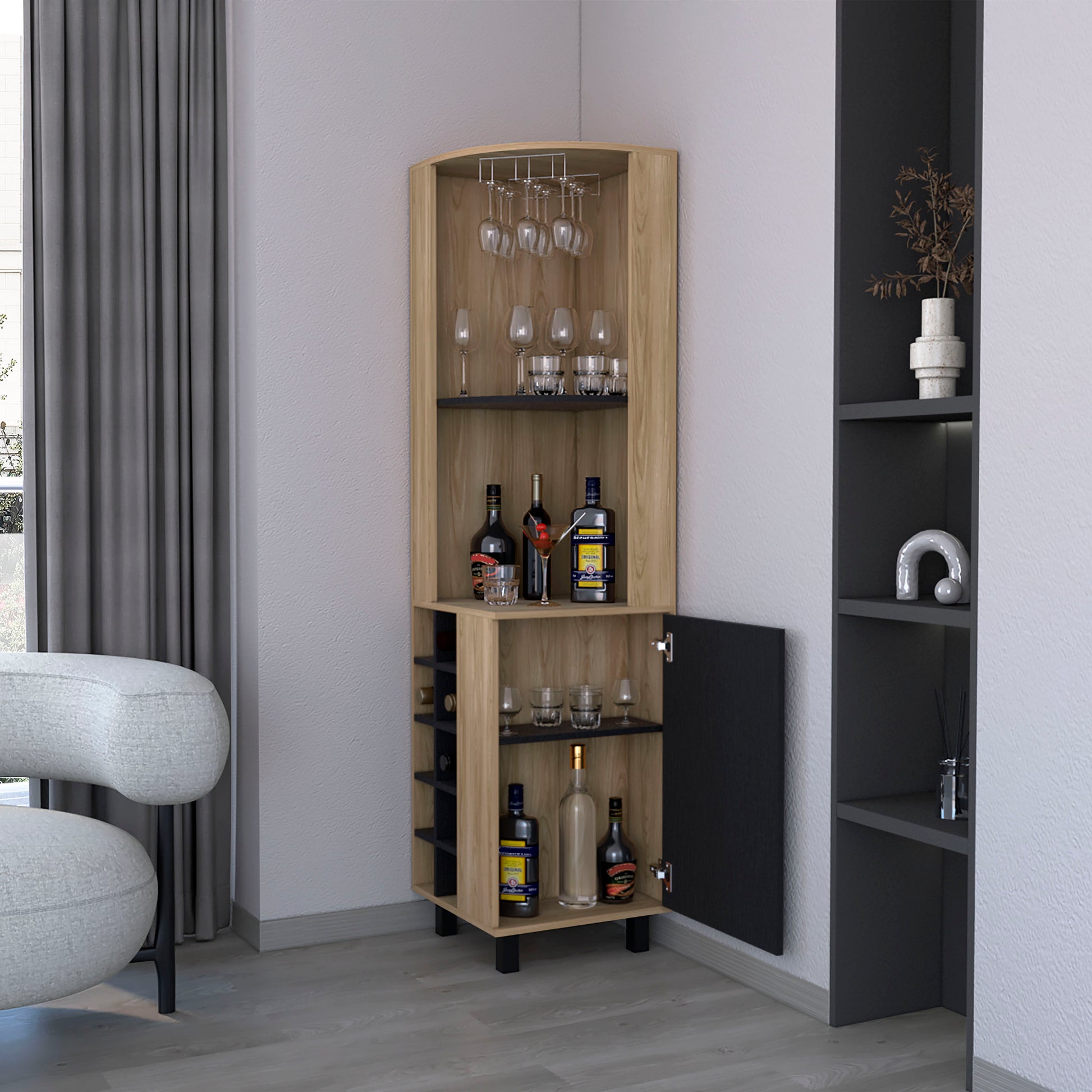 Leah Corner Bar Cabinet In Melamine, Glass Holder, Wine And Wine Rack. Freestanding 5 Or More Spaces Multicolor Primary Living Space Open Storage Space Contemporary Pine Particle Board Melamine