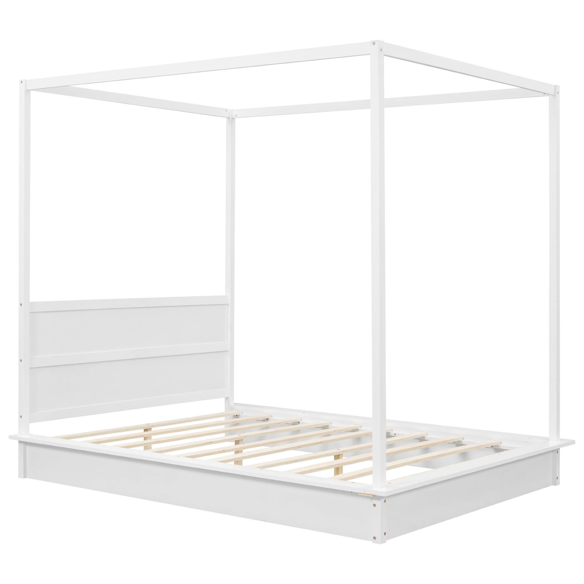 Queen Size Wood Led Canopy Bed ,Canopy Platform Bed With Support Slats, No Box Spring Needed, White Queen White Plywood