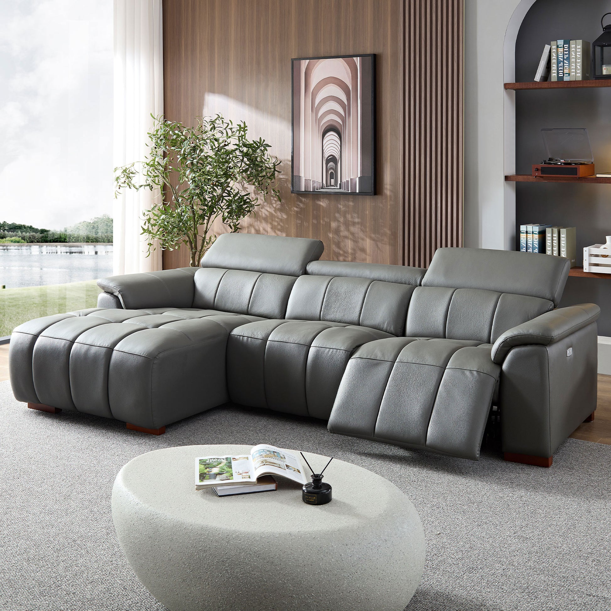 Wall Hugger Reclining Sofa Modern Electric Control Genuine Leather L Shaped Couch,Lounge Seat Theater Seating Furniture With Usb Port, Sofa With Headrest & Footrest For Living Room,Apartment,Office Dark Grey Genuine Leather 3 Seat