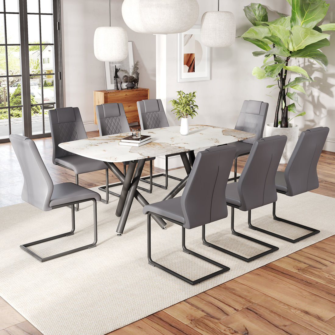 1 Table And 8 Chairs Set.A Rectangular Dining Table With A 0.39 Inch Imitation Marble Tabletop And Black Metal Legs.Paired With 8 Chairs With Pu Leather Seat Cushion And Black Metal Legs.F 1538,C 001 Black Glass Metal