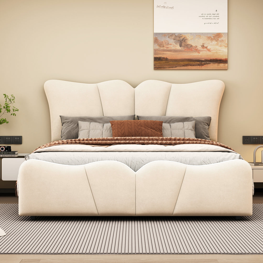 Full Size Upholstered Platform Bed Velvet Upholstered Bed, Beige Full Beige Velvet