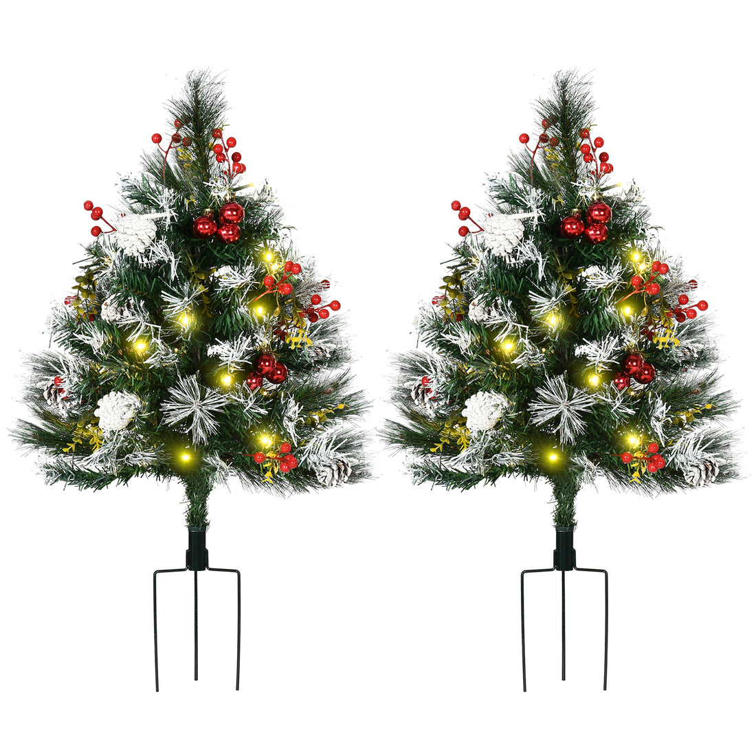 Homcom 2.5 Ft 30" 2 Pack Outdoor Entryway Pre Lit Artificial Christmas Tree Cordless With 70 Branches, Warm White Led Lights, Red Berries, Pine Cones, Balls, Green Green Plastic