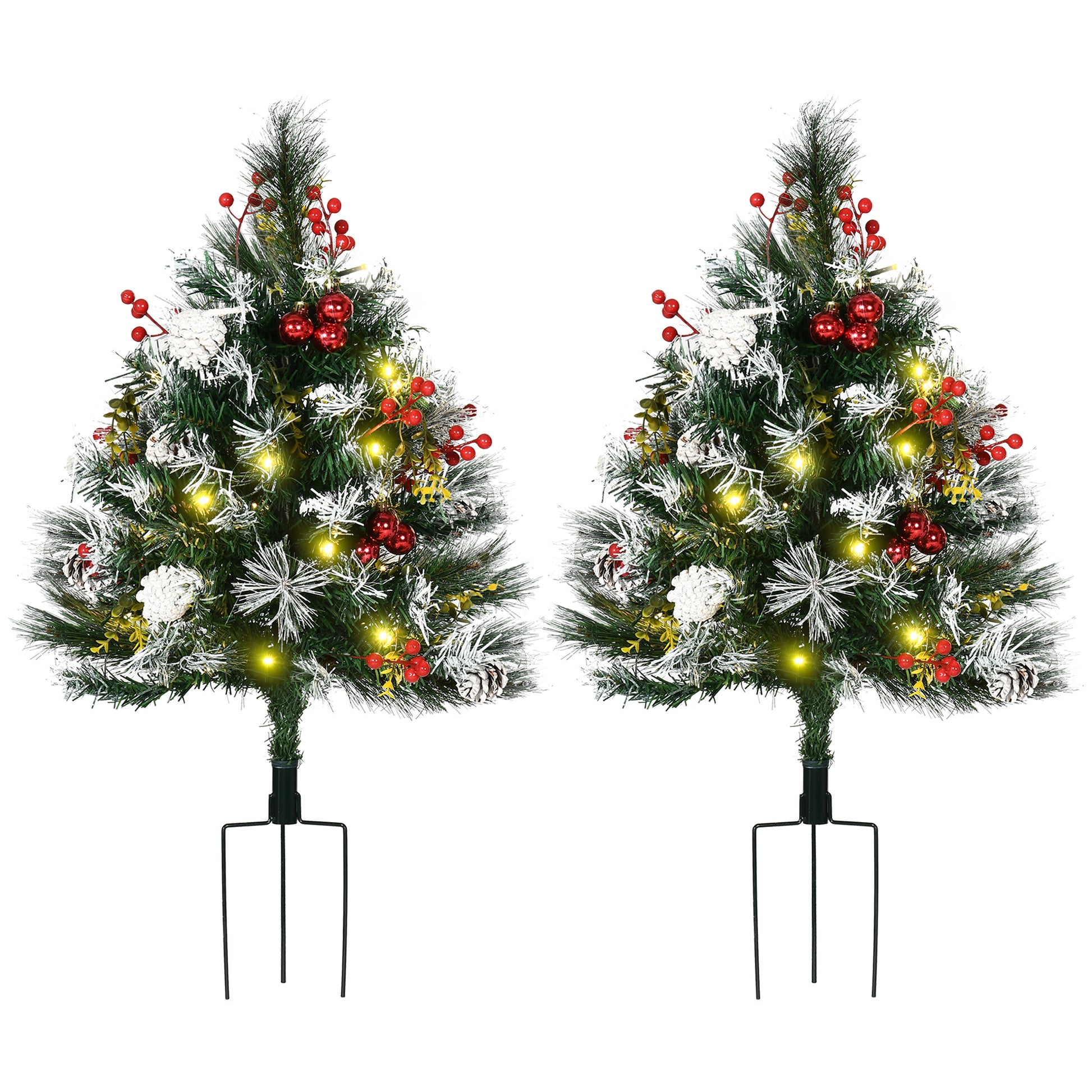 Homcom 2.5 Ft 30" 2 Pack Outdoor Entryway Pre Lit Artificial Christmas Tree Cordless With 70 Branches, Warm White Led Lights, Red Berries, Pine Cones, Balls, Green Green Plastic