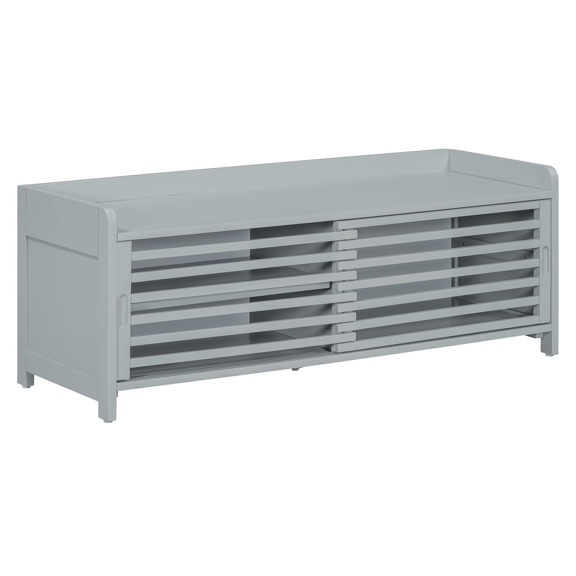 Distressed Shutter Storage Bench With Acacia Veneer For Retro Charm For Living Room, Entryway Grey Grey Mdf