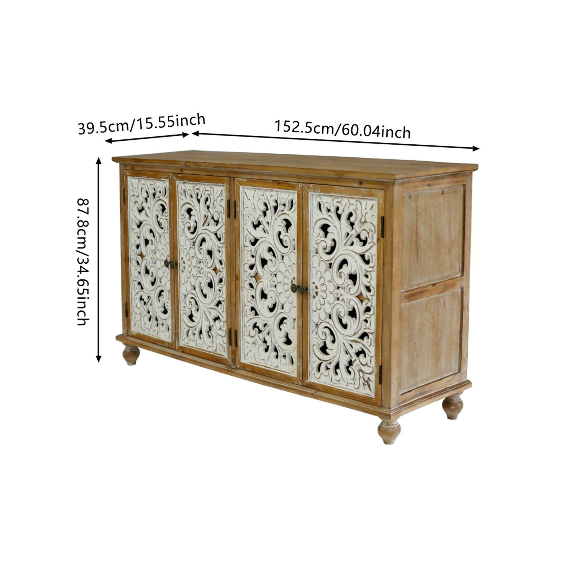 Accent Cabinet With 4 Doors, Farmhouse Sideboard Buffet Cabinet With Storage, Modern Credenza Storage Cabinet With Wood Carved Floral Doors For Living Room, Dining Room, Entryway, Hallway, Kitchen Accent Chests 3 4 Spaces Painted Or Hand Painted Antique