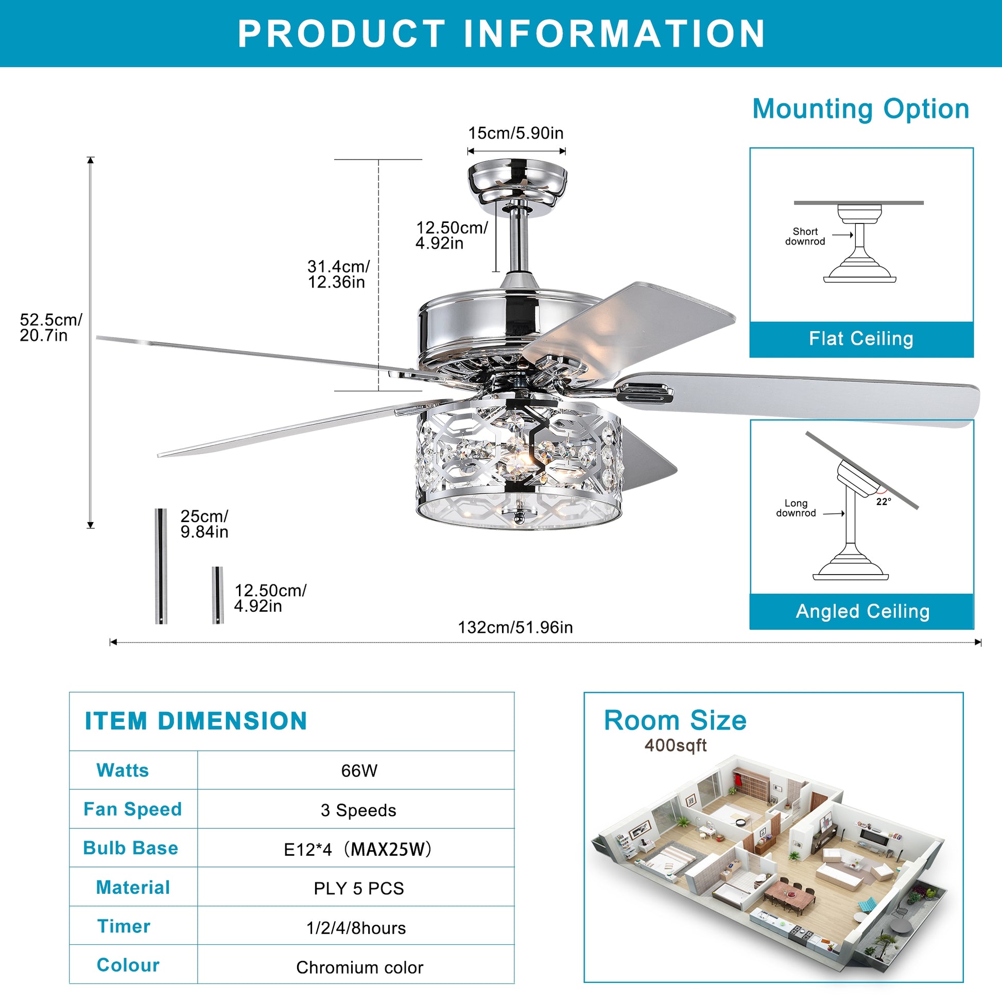 52 Inch Crystal Chandelier Fan Dual Finish Reversible Blades, Fandelier For Living Room, Dining Room, Bedroom, Family Room, Chrome Chrome American Traditional,Antique,Classic,Contemporary Crystal Metal