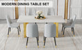 Table And Chair Set.The Table Has A Glass Top With Imitation Marble Pattern Stickers And Stainless Steel Golden Legs. Paried With Chairs With Pu Artificial Leather Backrest Cushions And Black Legs. White Gold Seats 6 Glass Metal