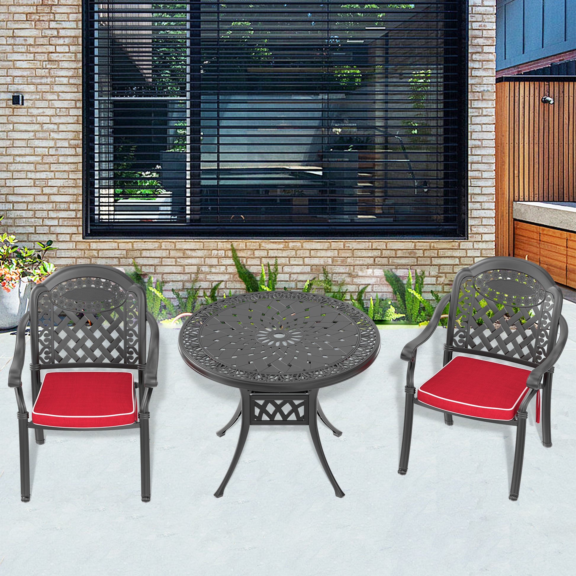 Cushions In Random Colors 3 Piece Set Of Cast Aluminum Patio Furniture With Cushions Yes Dining Set Black Seats 2 Rust Resistant Frame Water Resistant Cushion Garden & Outdoor Complete Patio Sets Aluminium