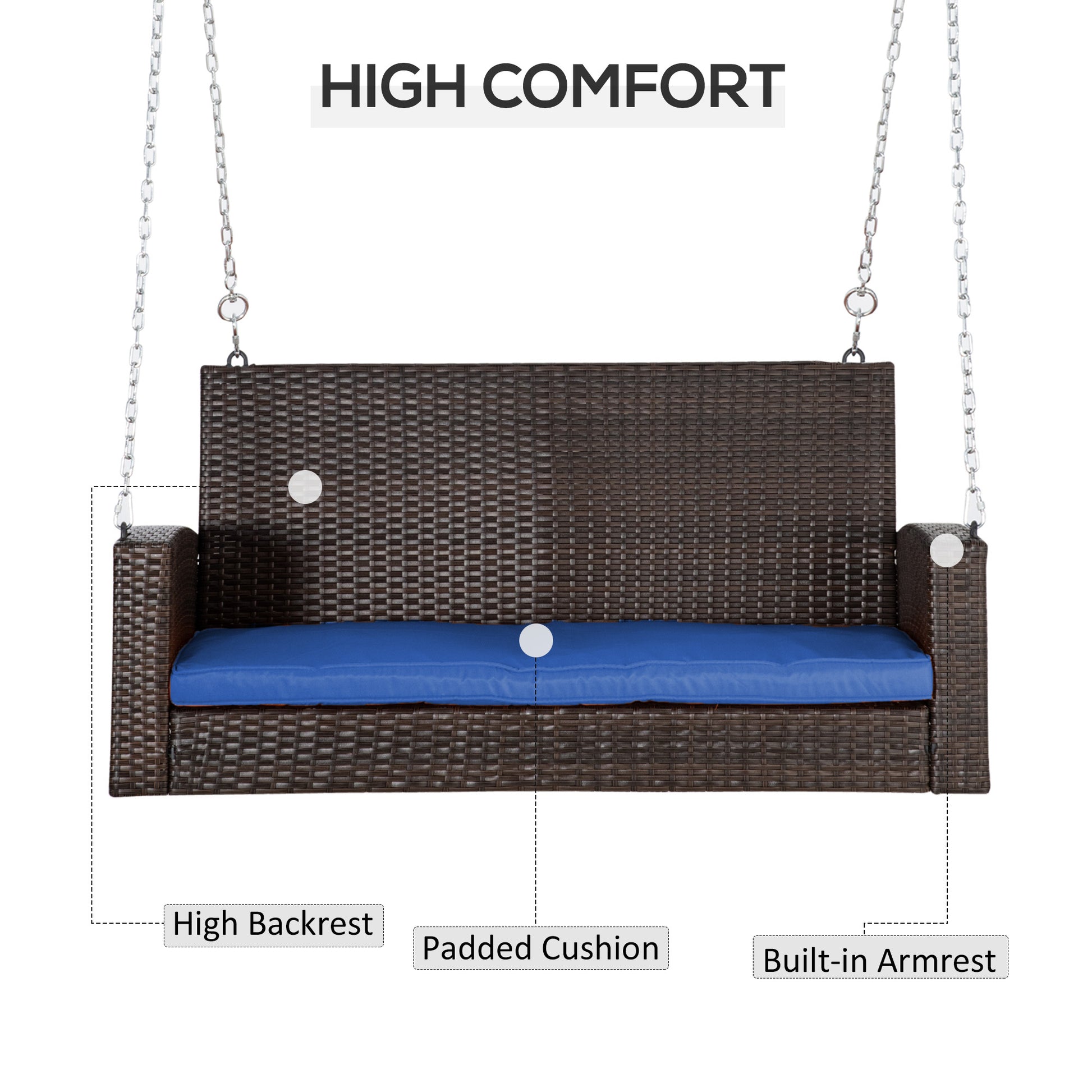 Outsunny 2 Person Wicker Hanging Swing Bench, Front Porch Swing Outdoor Chair With Cushions 550 Lbs. Weight Capacity For Backyard, Garden, Blue Blue Rattan Metal