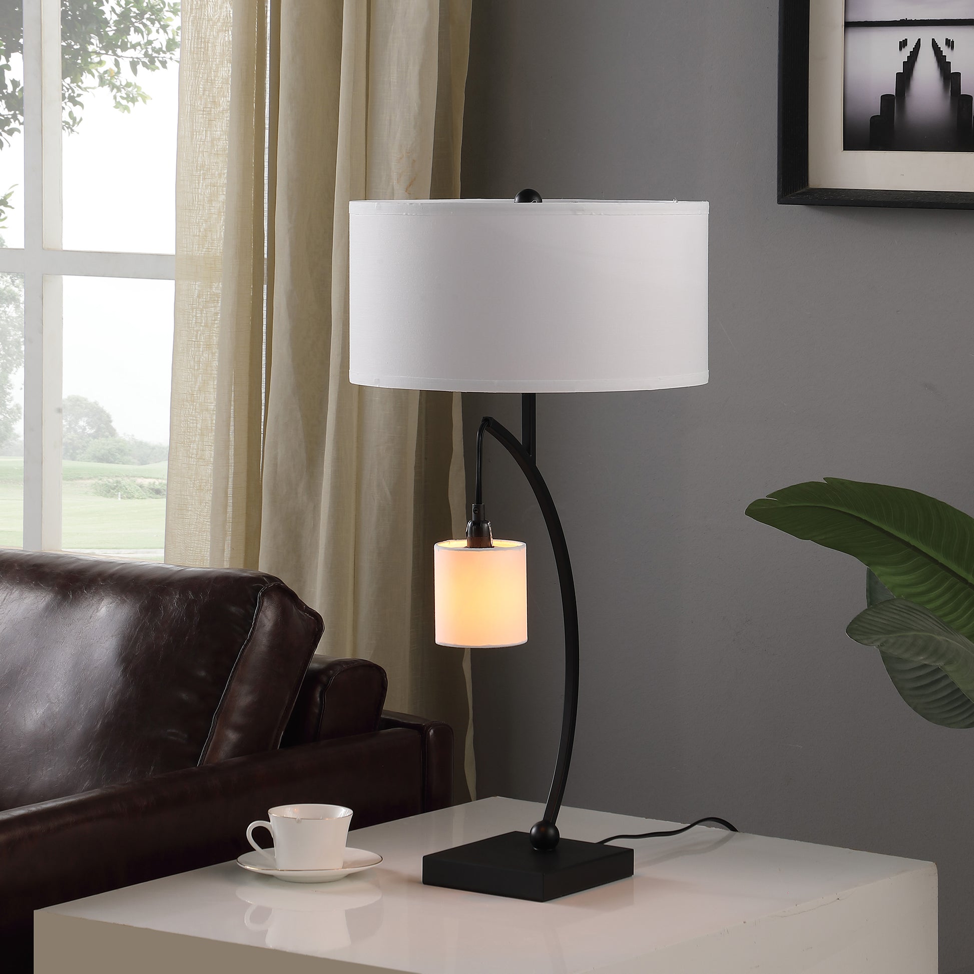 28.5" In Contemporary Dual Black Arc W Hanging Pendelum Lamp Metal Table Lamp Matte Black Metal