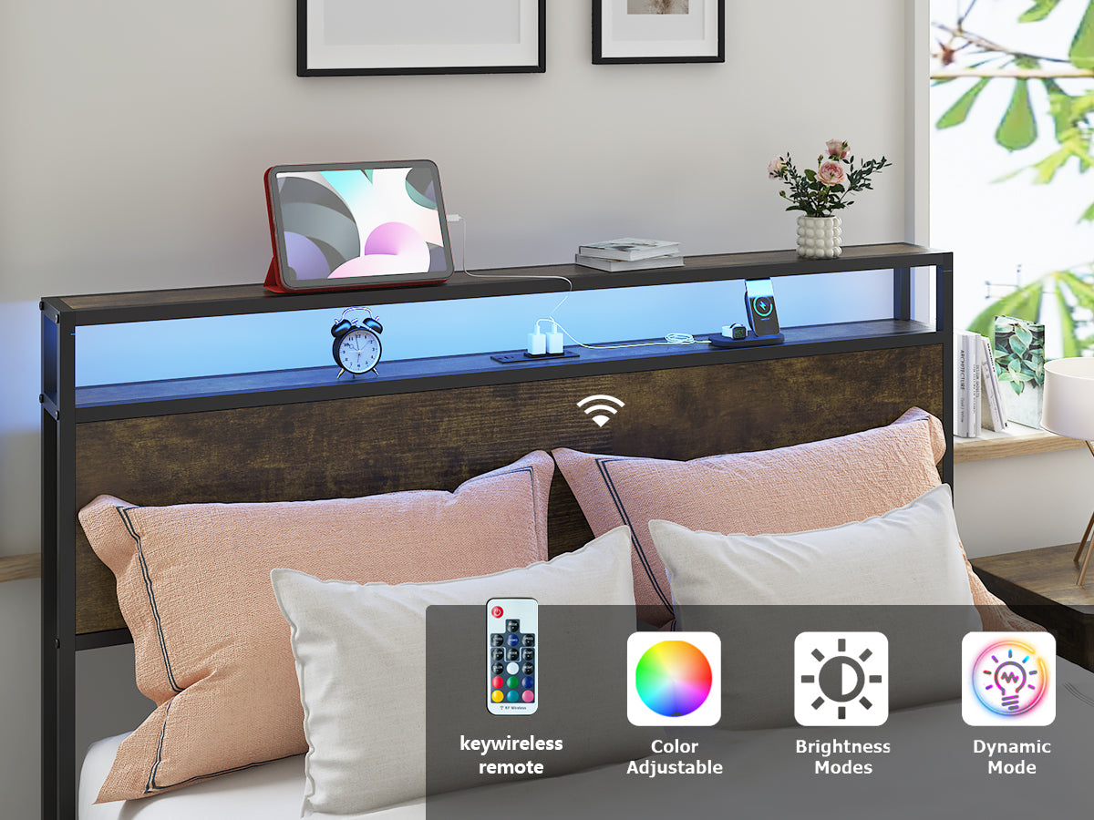 Queen Bed Frame With Led Lights And Charging Station Robust Metal Wood Construction, Rustic Wood Platform Bed Frame With 2 Drawers, No Box Spring Needed, Noise Free, Vintage Brown, Easy Assemble Box Spring Not Required Queen Black Brown Metal Brown