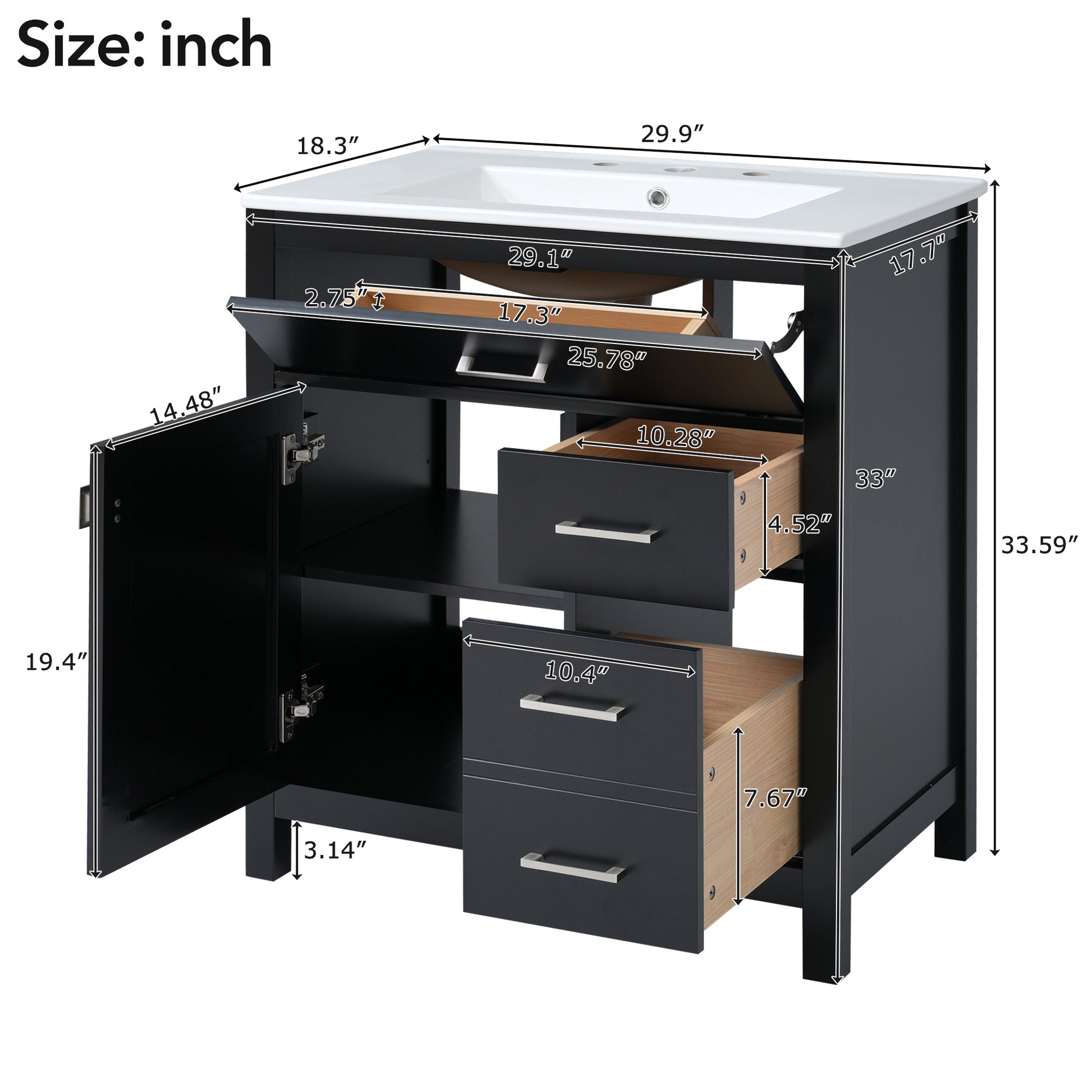 30 Inch Black Bathroom Vanity With Ceramic Sink And Large Storage Ideal Choice For Small Bathrooms Black Bathroom Solid Wood Mdf