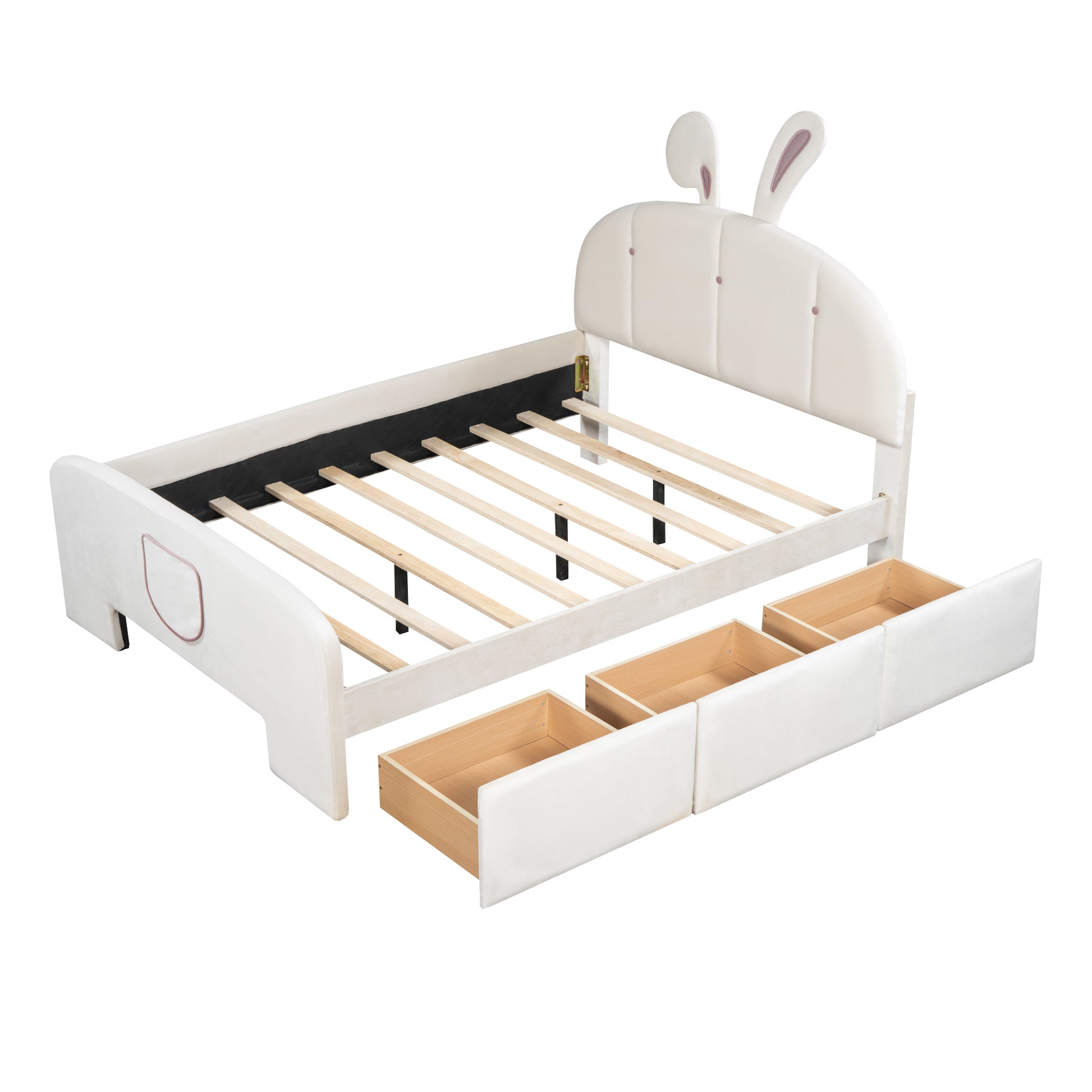 Full Size Velvet Platform Bed With Rabbit Shaped Headboard, With Drawers, With Bed End Storage Pocket, Beige Full Beige Plywood