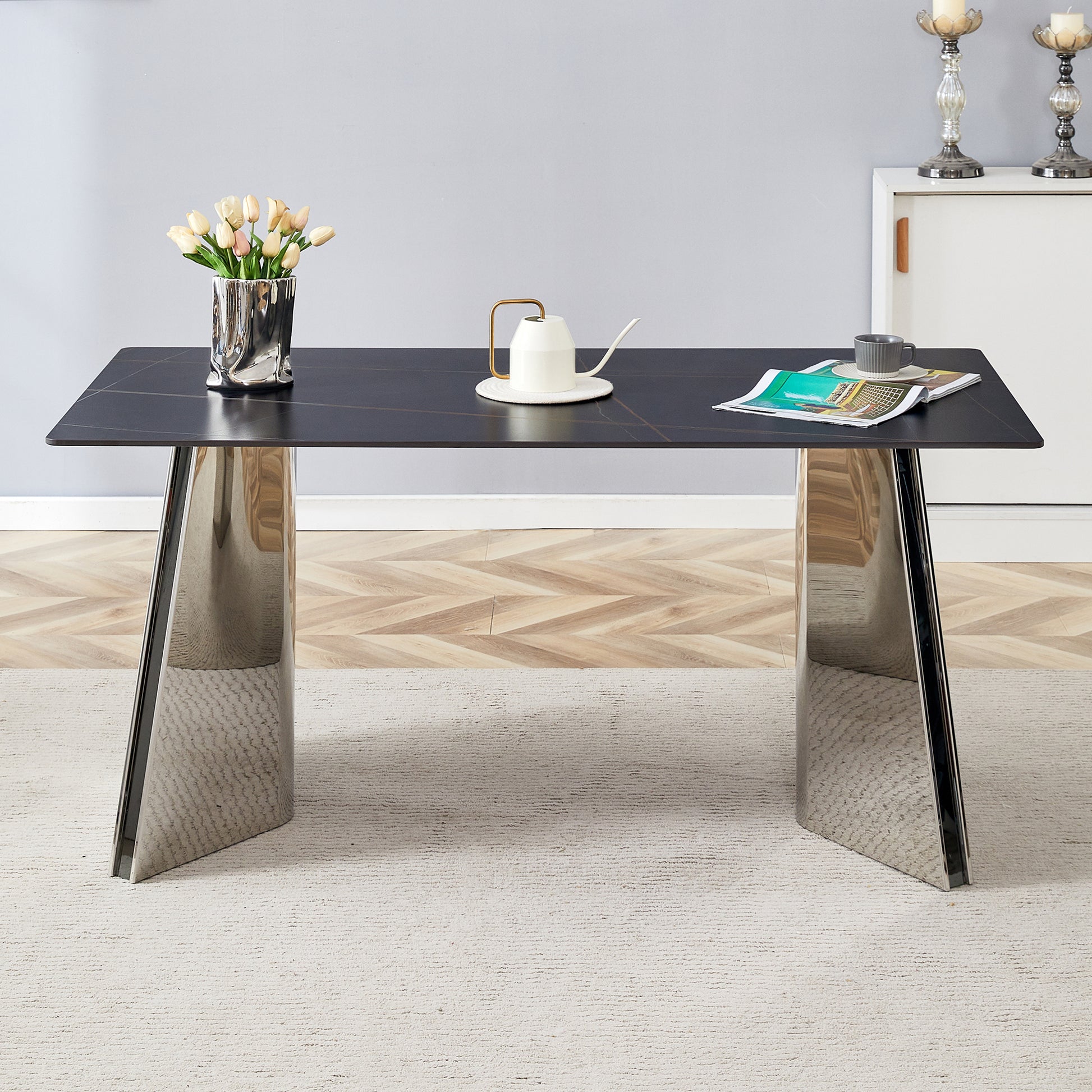 63"X31.5X30" Black Marble Patterned Slab Dining Table With Stainless Steel Butterfly Legs.The Tabletop Is Designed To Be Scratch And Heat Resistant.Slabs Tabletop,Stainless Steels Legs. Black,Silver