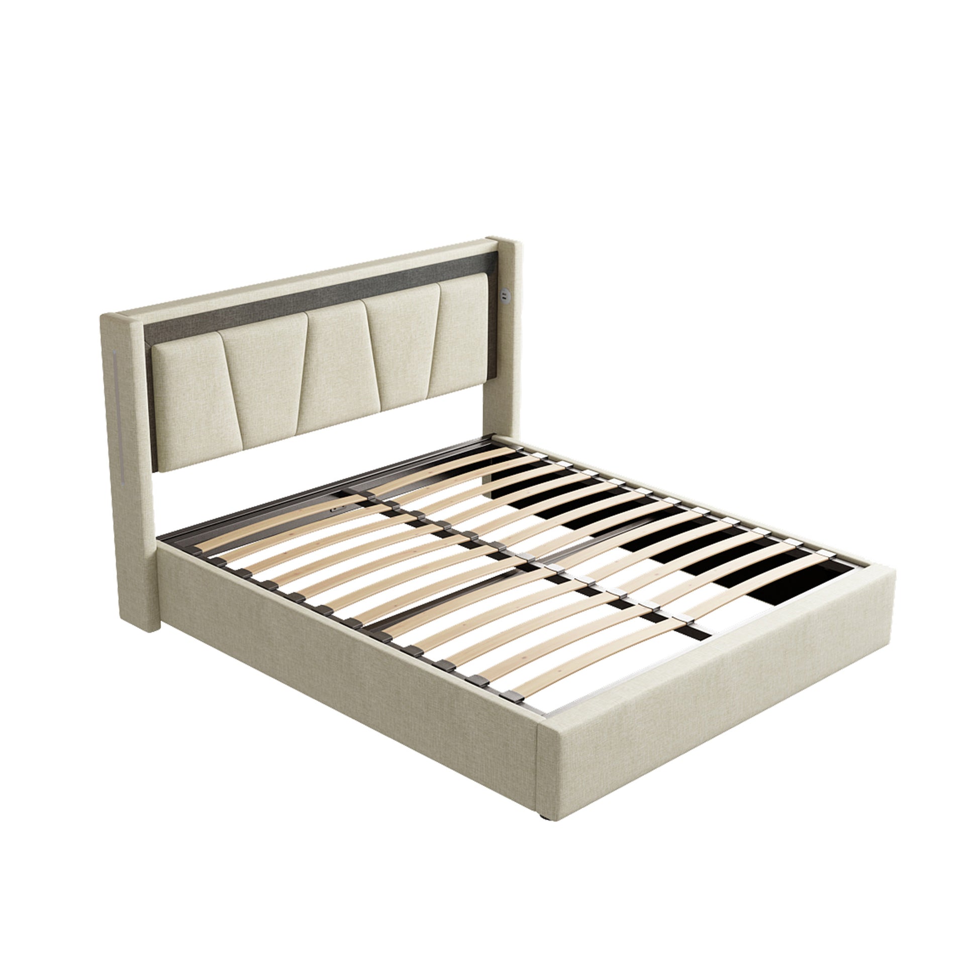 Queen Size, Cotton And Linen Fabric, Pneumatic Bed, With Storage Space Under The Bed, Stable Bed Structure,Light Gray Queen Light Gray Mdf Acacia