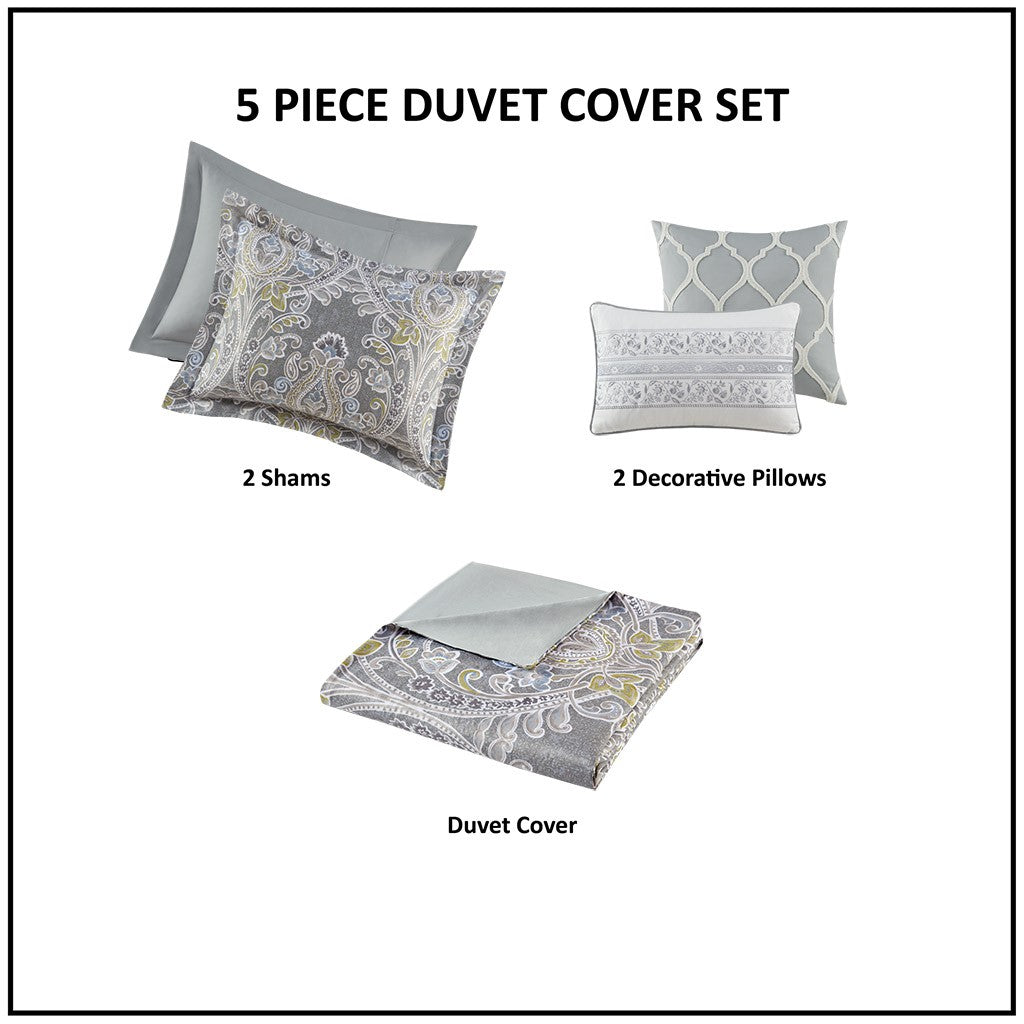 5 Piece Cotton Duvet Cover Set Grey King King Grey Cotton